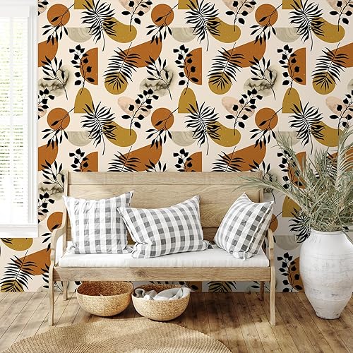 Miniatura 4 de VEELIKE Papel tapiz geométrico bohemio para despegar y pegar, papel tapiz abstracto de hojas para paredes, estantes, armarios, 17.7 x 118 pulgadas,