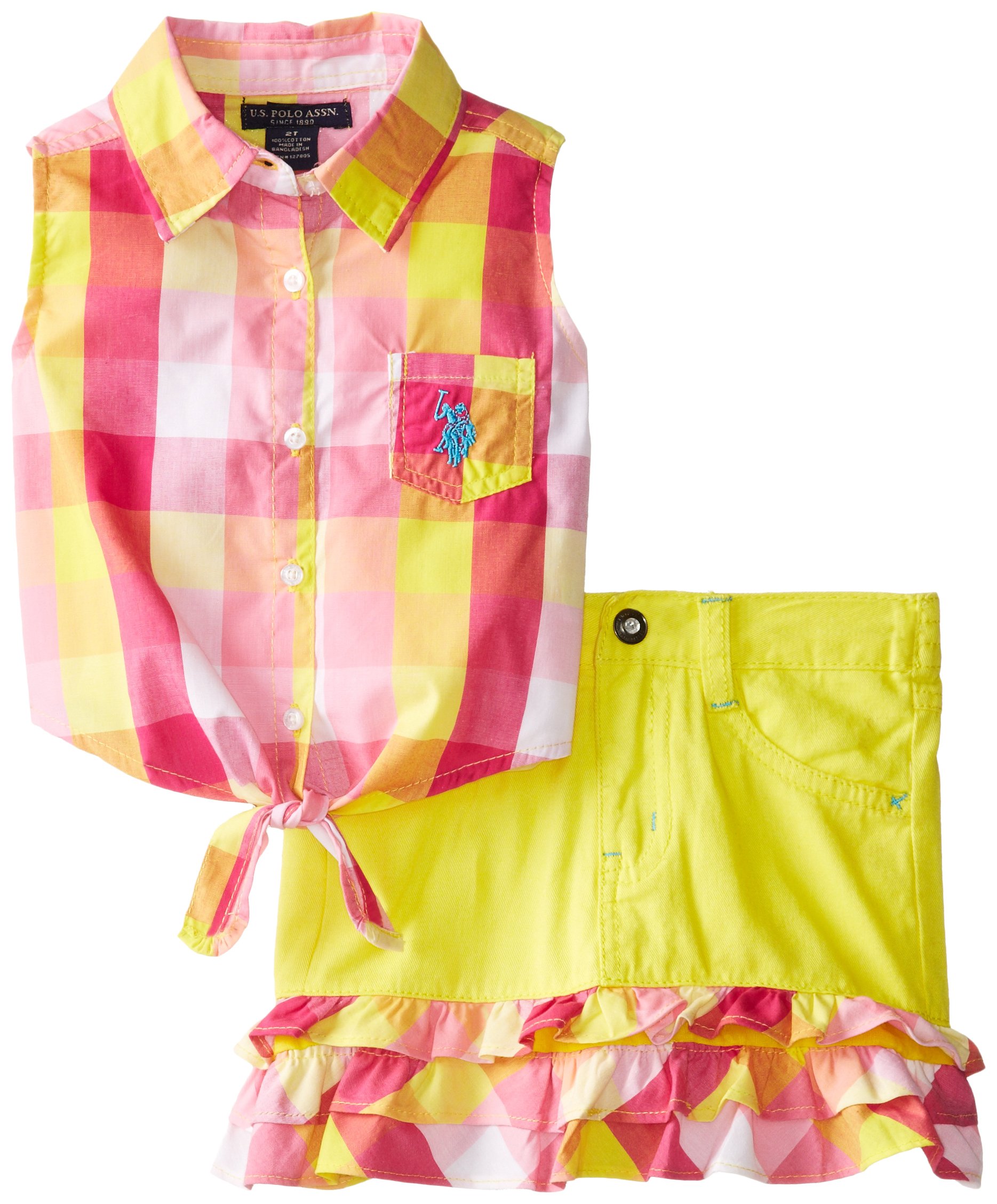 U.S. POLO ASSN. Little Girls' Plaid Sleeveless Shirt and Skirt with Ruffles