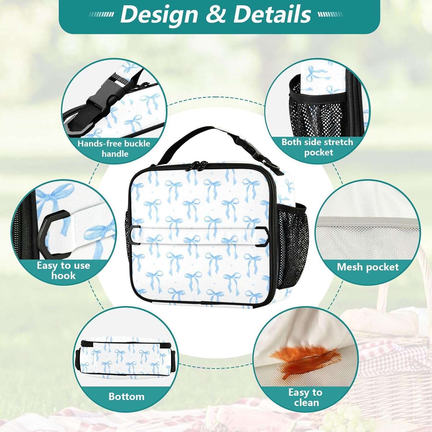 Blueangle Blue Ribbon Bow Lunch Box for Men Women Adults, Small Lunch Bag for Office Work Picnic - Reusable Portable Cooler Bag - Image 3