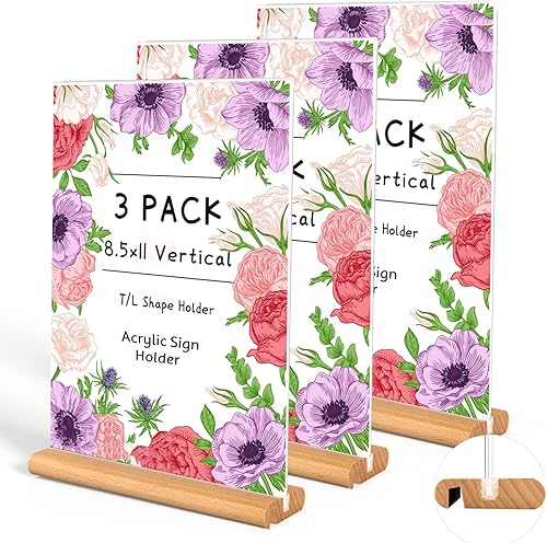 Paquete de 3 soportes acrílicos con forma de LT, marcos acrílicos transparentes con base de madera, soporte de exhibición de menú, para oficina,
