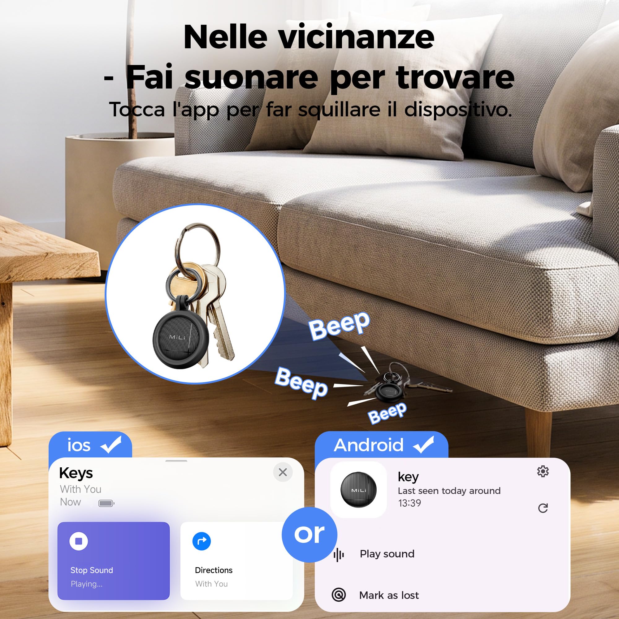 MiLi LiTag Duo Smart Tracker per iOS e Android, localizzatore chiavi compatibile con Apple “Dov’è” o Android “Funzioni Trova”, batteria CR2032, per chiavi, portafoglio e bagagli