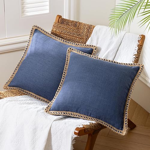 Miniatura 10 de Phantoscope - Juego de 2 fundas de almohada decorativas para casa de granja lino bordes acabados a medida Poliéster  Mezcla de poliéster Verde 18 x