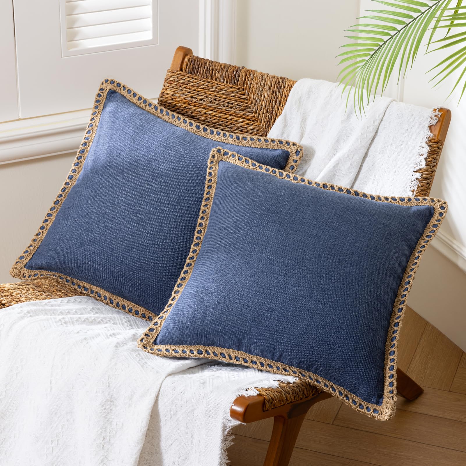 Phantoscope Pack of 2 Farmhouse Decorative Solid Throw Decorative Pillow Cover Burlap Linen Trimmed Tailored Edges Navy Blue 24 x 24 inches, 60 x 60