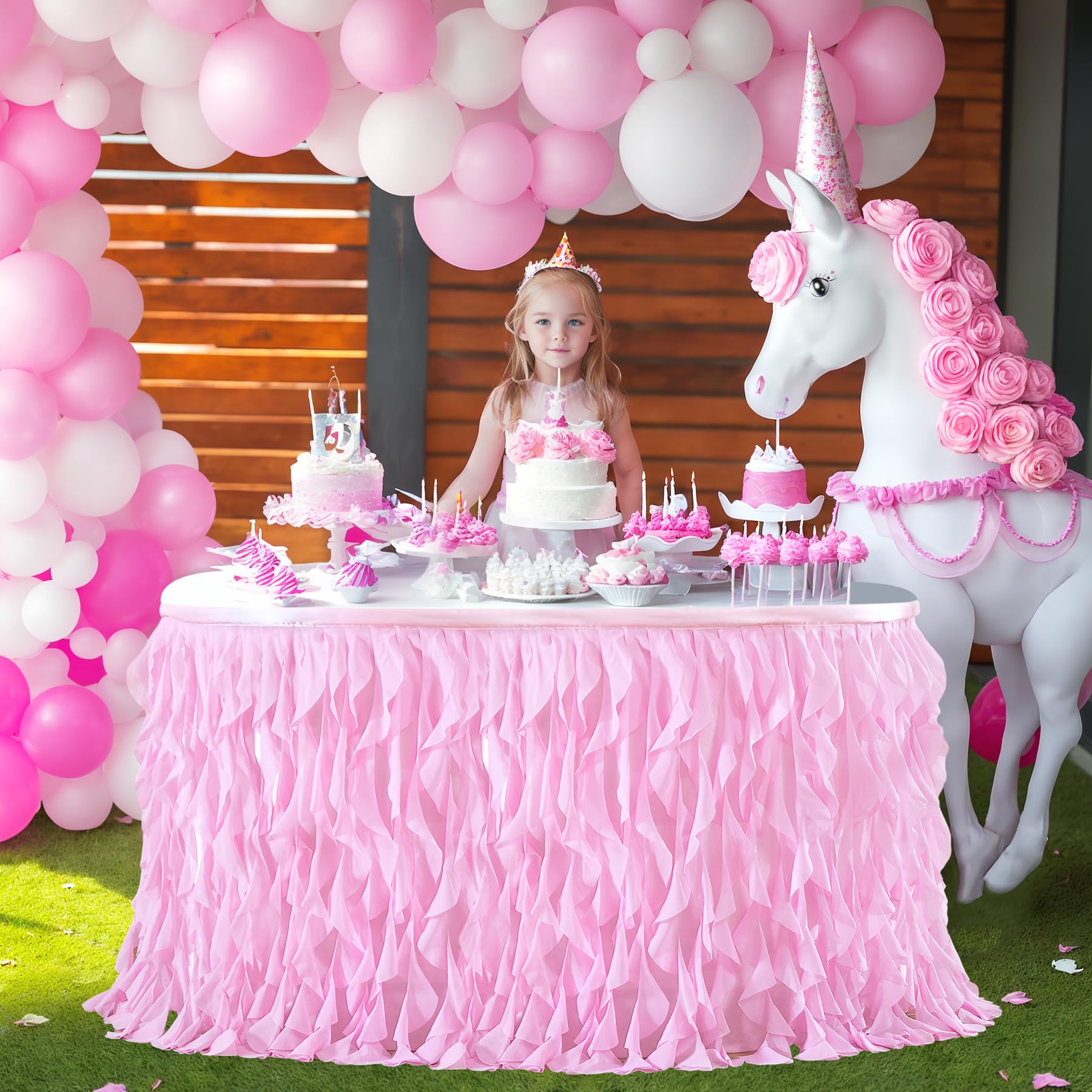 PARTISKY Gonna da tavolo in tulle rosa riccio in salice per tavolo rettangolare da 5,2 m, con volant, per baby shower, feste di compleanno e torte