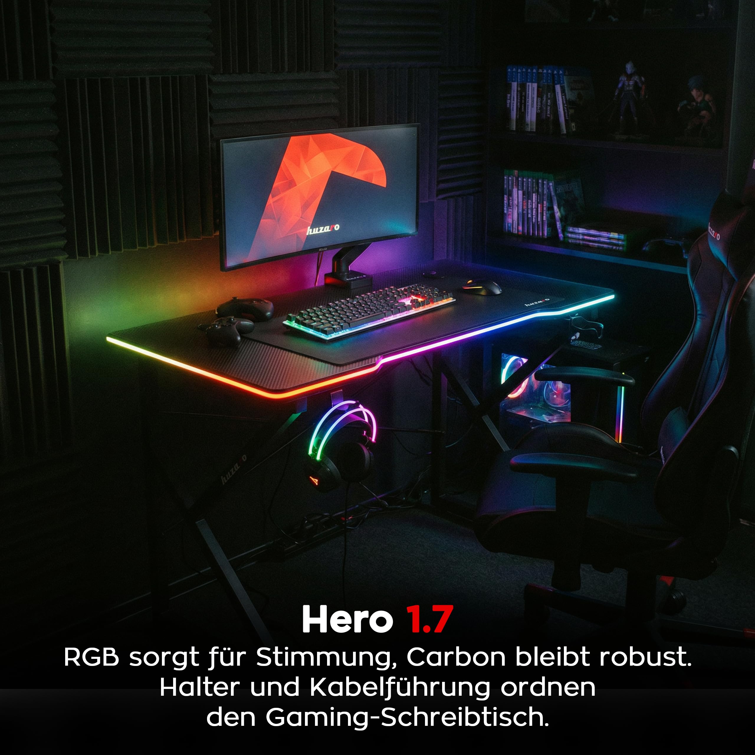 huzaro Hero 1.7 RGB Black, biurko gamingowe z oświetleniem LED, stolik pod komputer, 120 x 60 cm, hak na słuchawki, uchwyt na napoje, powierzchnia z włókna węglowego, przepust kablowy, metalowa