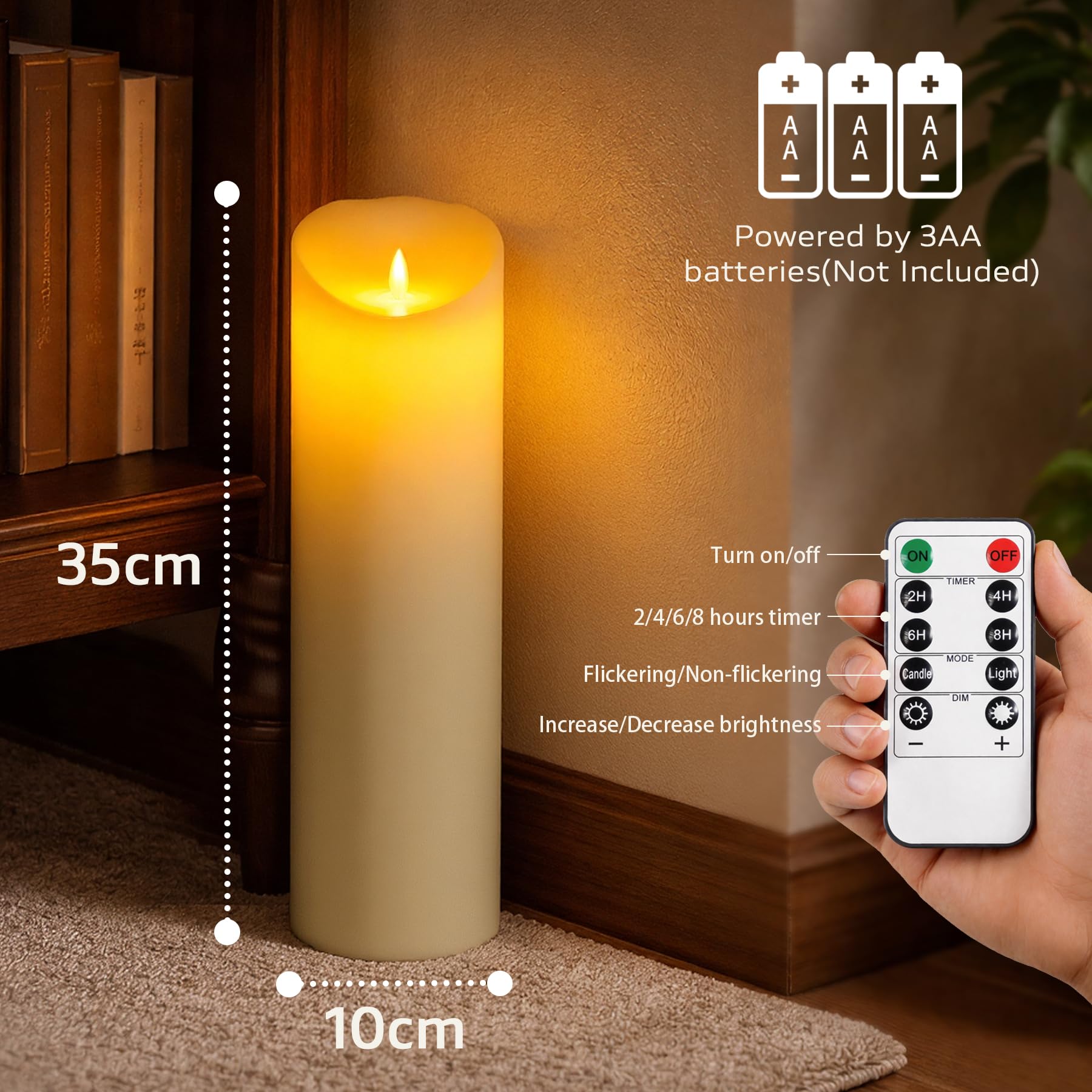 Yeelida Candela LED grandi senza fiamma 10cm x35cm Temporizzazione avorio a distanza, Candela tremolanti alimentate a batteria Stoppino in movimento Grande Di lunga durata Alto Vera cera