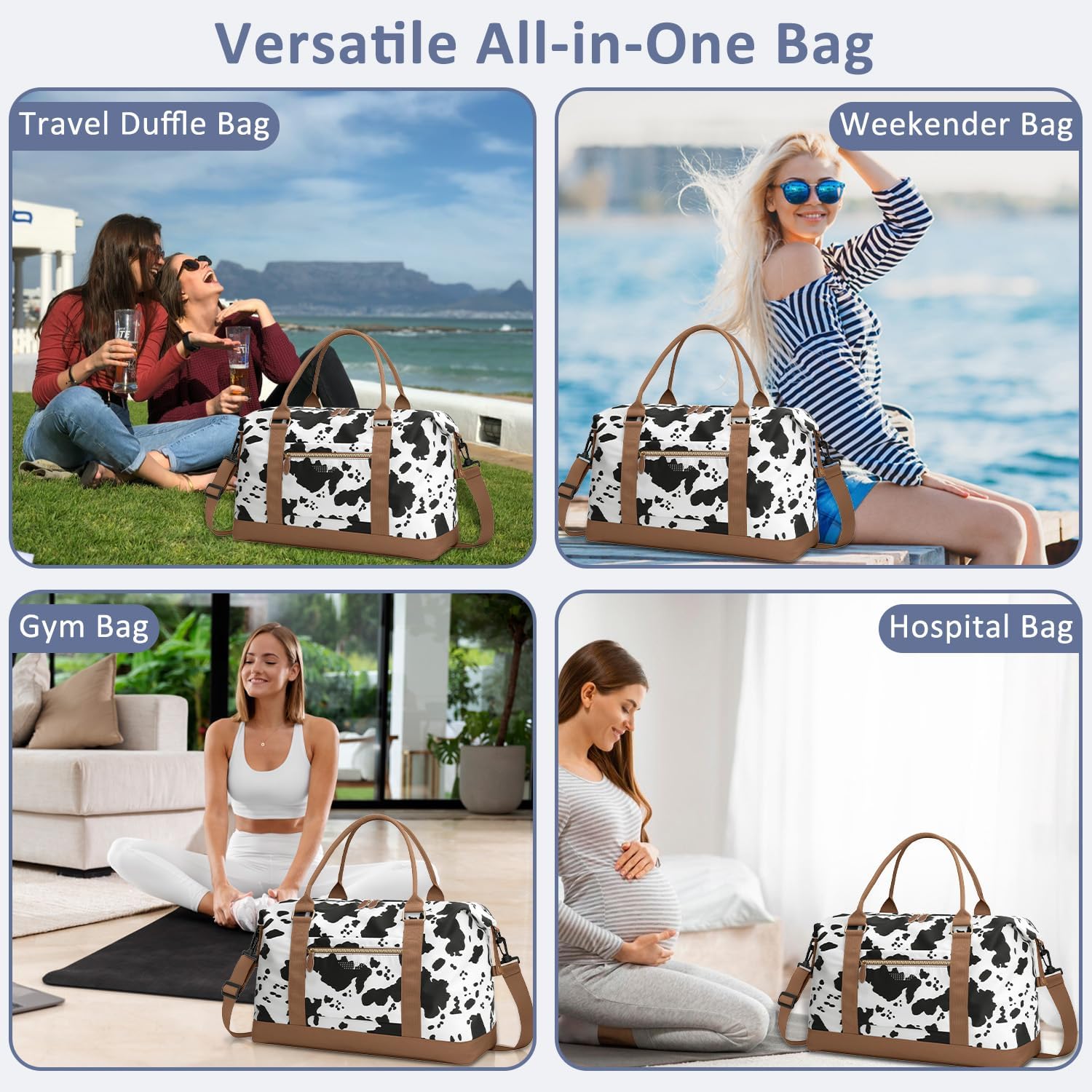 Travel Duffle Bag for Women, Weekender Bags, Hospital Bag for Labor Delivery, Lightweight Tote Duffel Overnight Bag with Luggage Sleeve, Airplane Travel Bags with Toiletry Bag, Large, Cow - Image 6