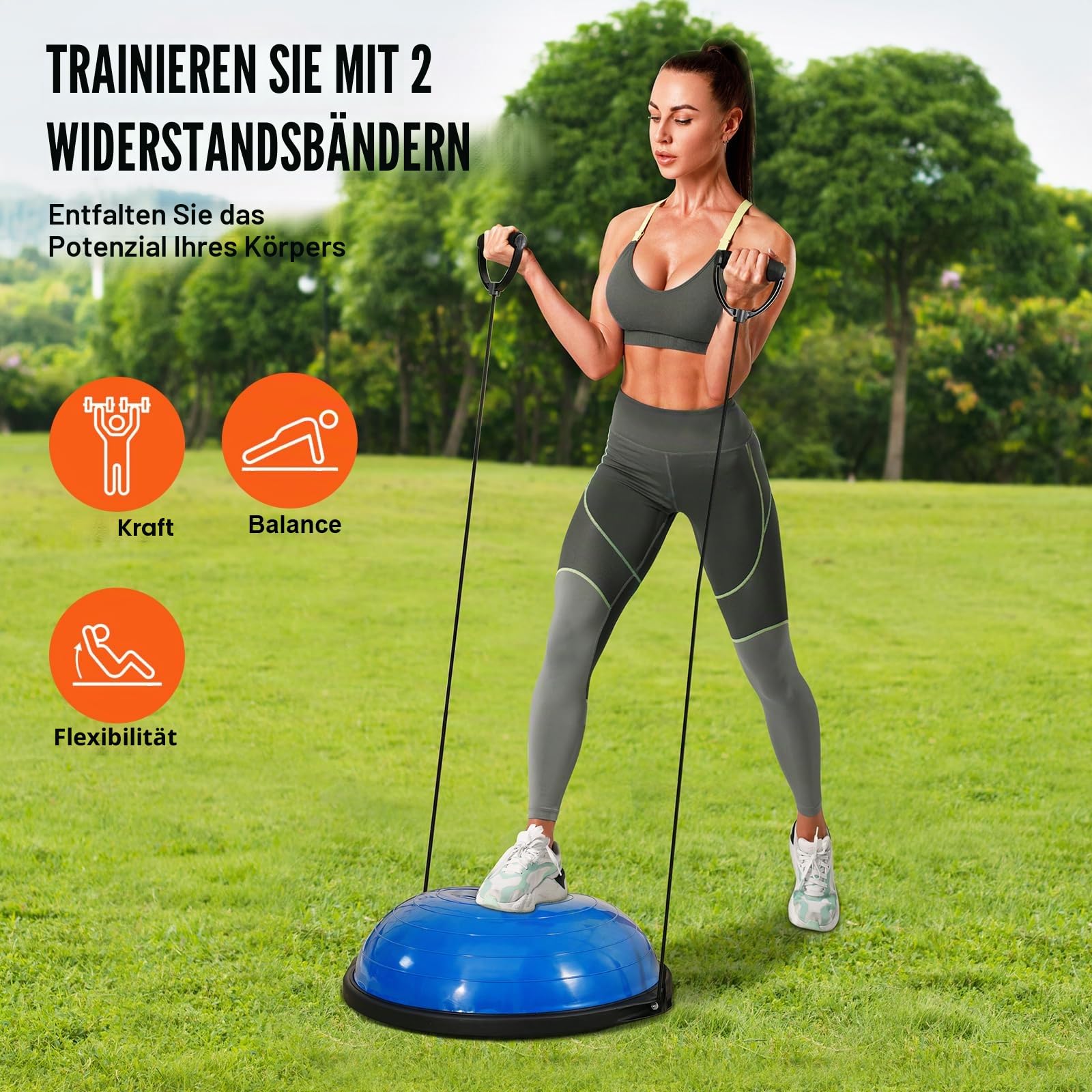 VEVOR Halb-Gymnastikball-Trainer, 66 cm Balance-Ball-Trainer, 680 kg Tragkraft Stabilitätsball, Yoga-Ball mit Widerstandsbändern und Fußpumpe, Kraft-Fitnessball im Heim-Fitnessstudio, Blau