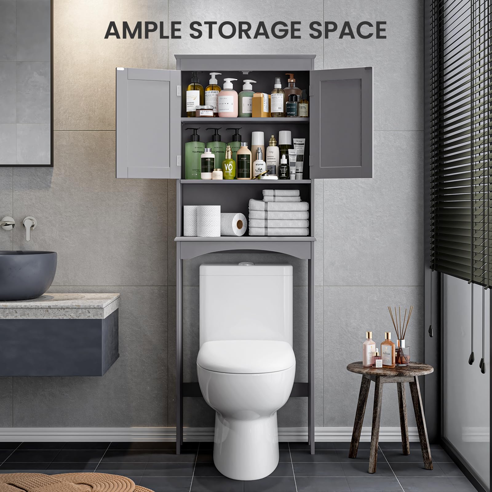 Bealife Toilettenregal, Regal über Toilette mit 3-stufigen verstellbaren Regalen, WC Überbauschrank Freistehend, Überbau Toilettenschrank mit Doppeltüren für Badezimmer (Grau)