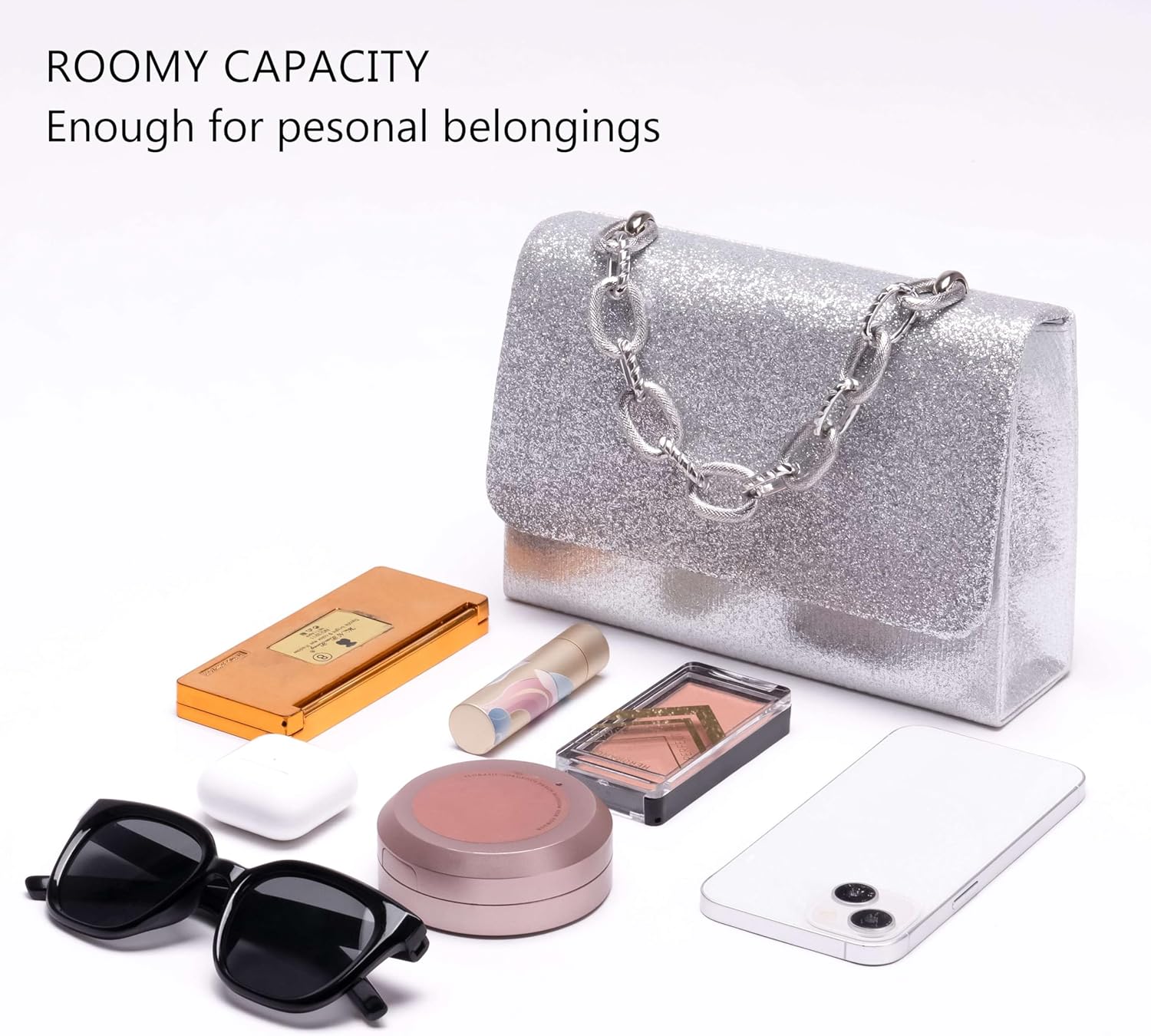 Evening Bag Sparkle Clutch Purse for Women, Silver Purse with Metal Handle, Small Formal Women Handbag with Detachable Crossbody Chain, Shinny Envelope Evening Clutch for Wedding Party Prom - Image 5