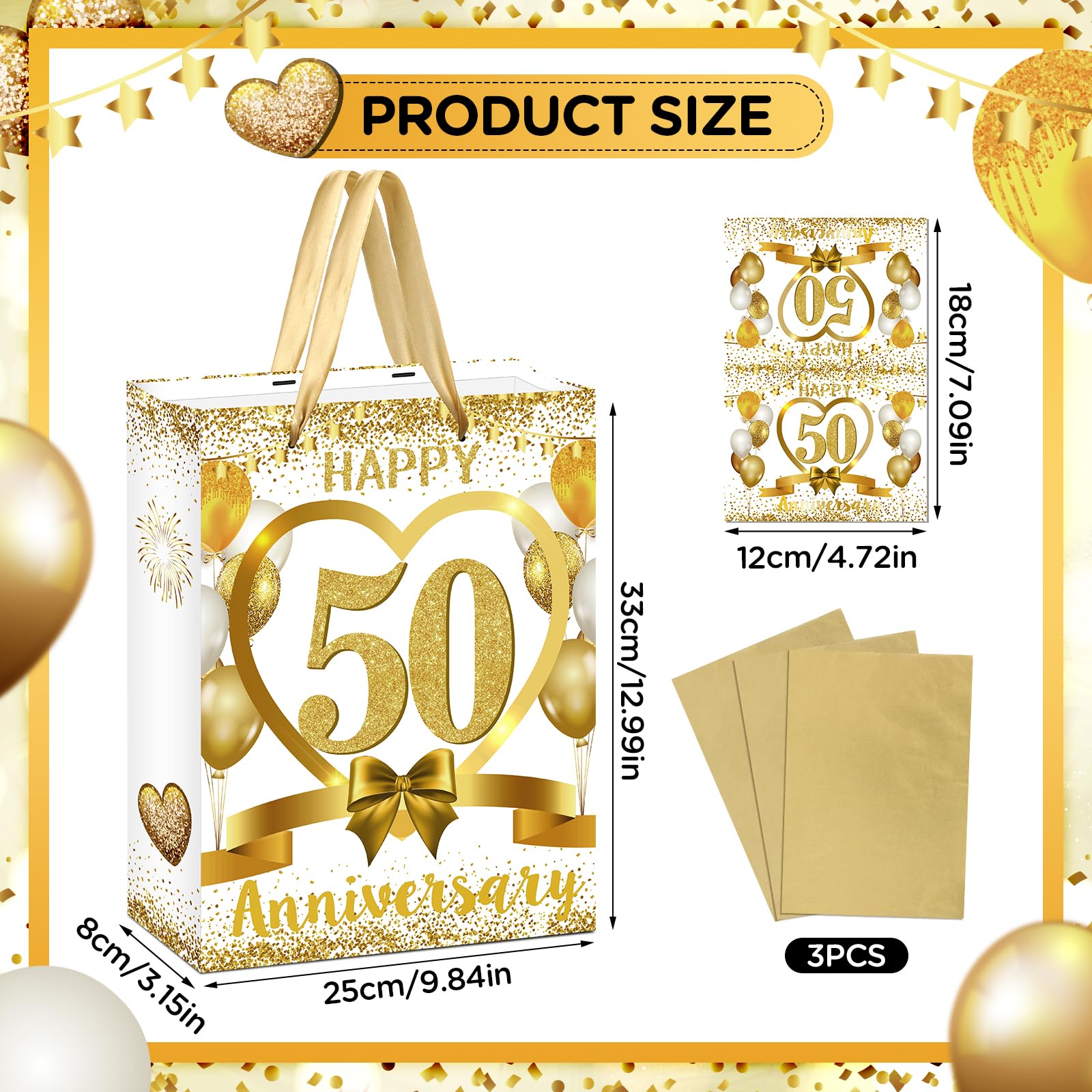 Happy 1st Anniversary Gift Bags - Black & Gold Party Favor Bags With Card & Tissue