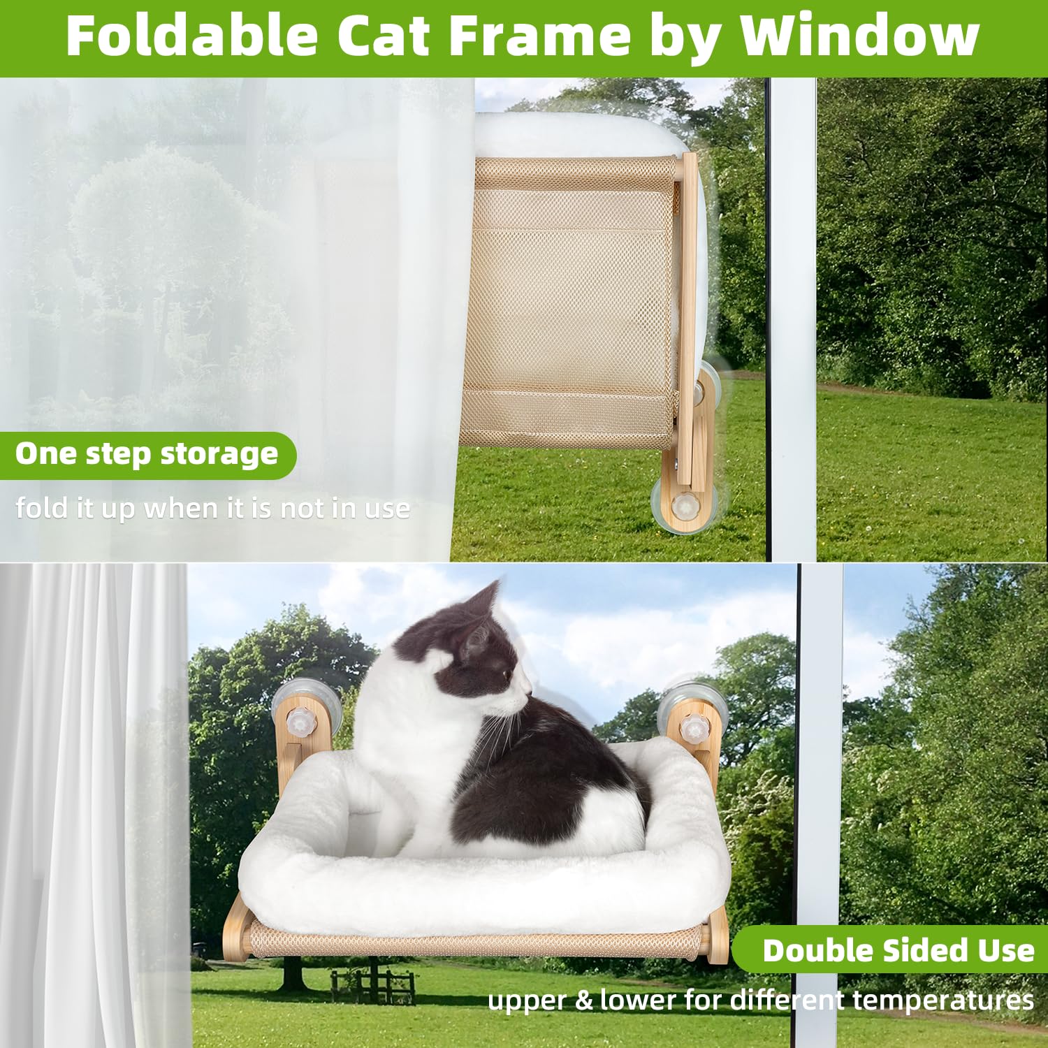 NUNU LAB Cat Window Perch, Cat Hammock for Window W/4 Strong Suction Cups, Sturdy Solid Wooden Frame and Soft Dual Purpose Cover, Beds for Indoor