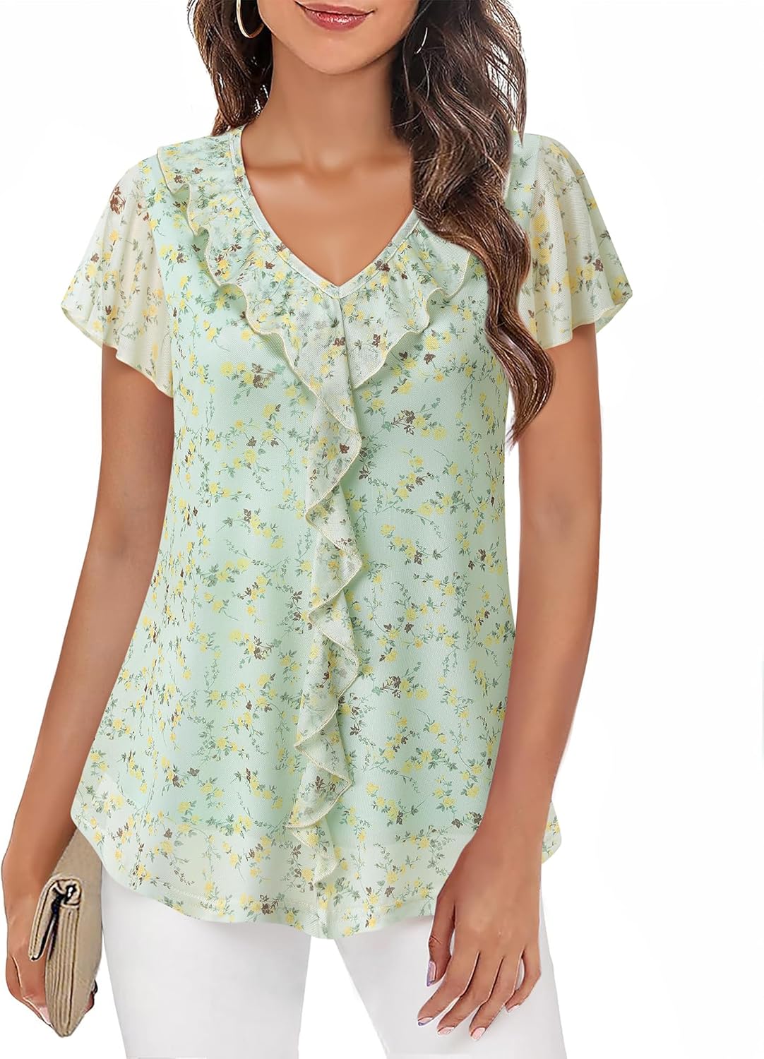 Timeson Women's Short Sleeve Tops Dressy Casual Ruffle V Neck Blouses Ladies Summer Shirts