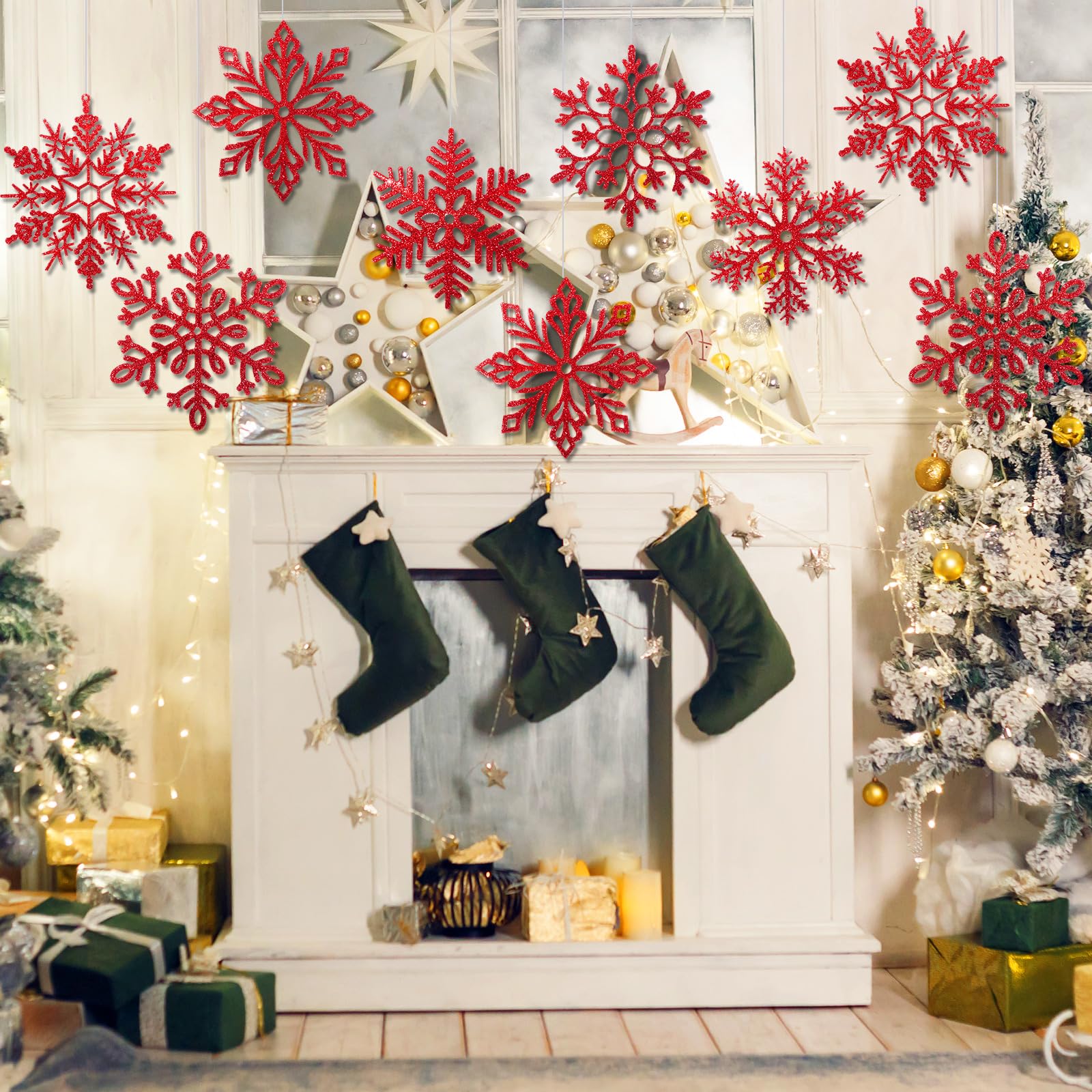 Lot de 24 flocons de neige géants à paillettes en plastique avec fil en nylon de 50 m pour décoration intérieure, extérieure et de Noël (rouge)