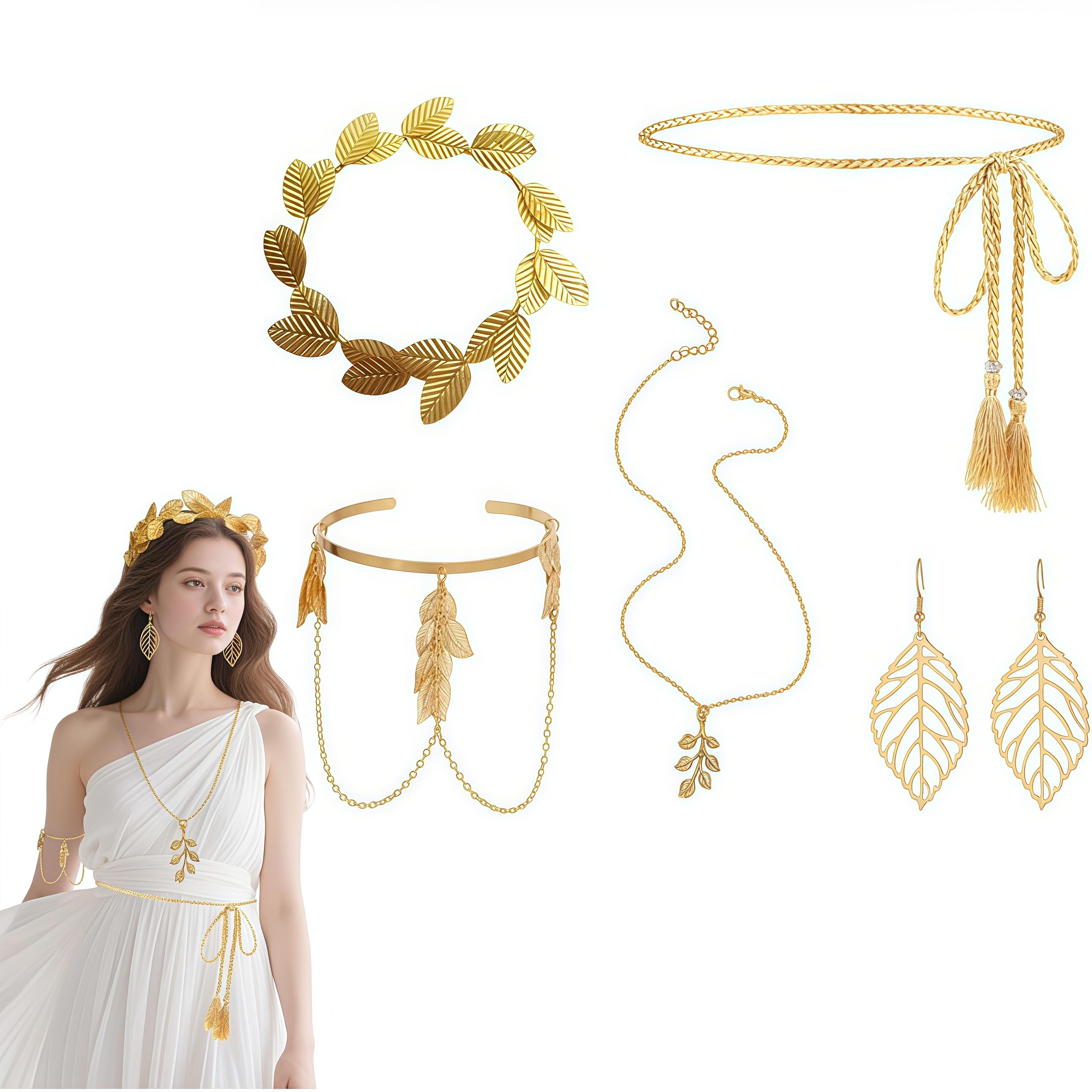 SDXCJY 5Pcs Greek Goddess Costume Accessories Set,Include Golden Laurel Leaf Headpiece, Tassel Waist Chain, Earrings