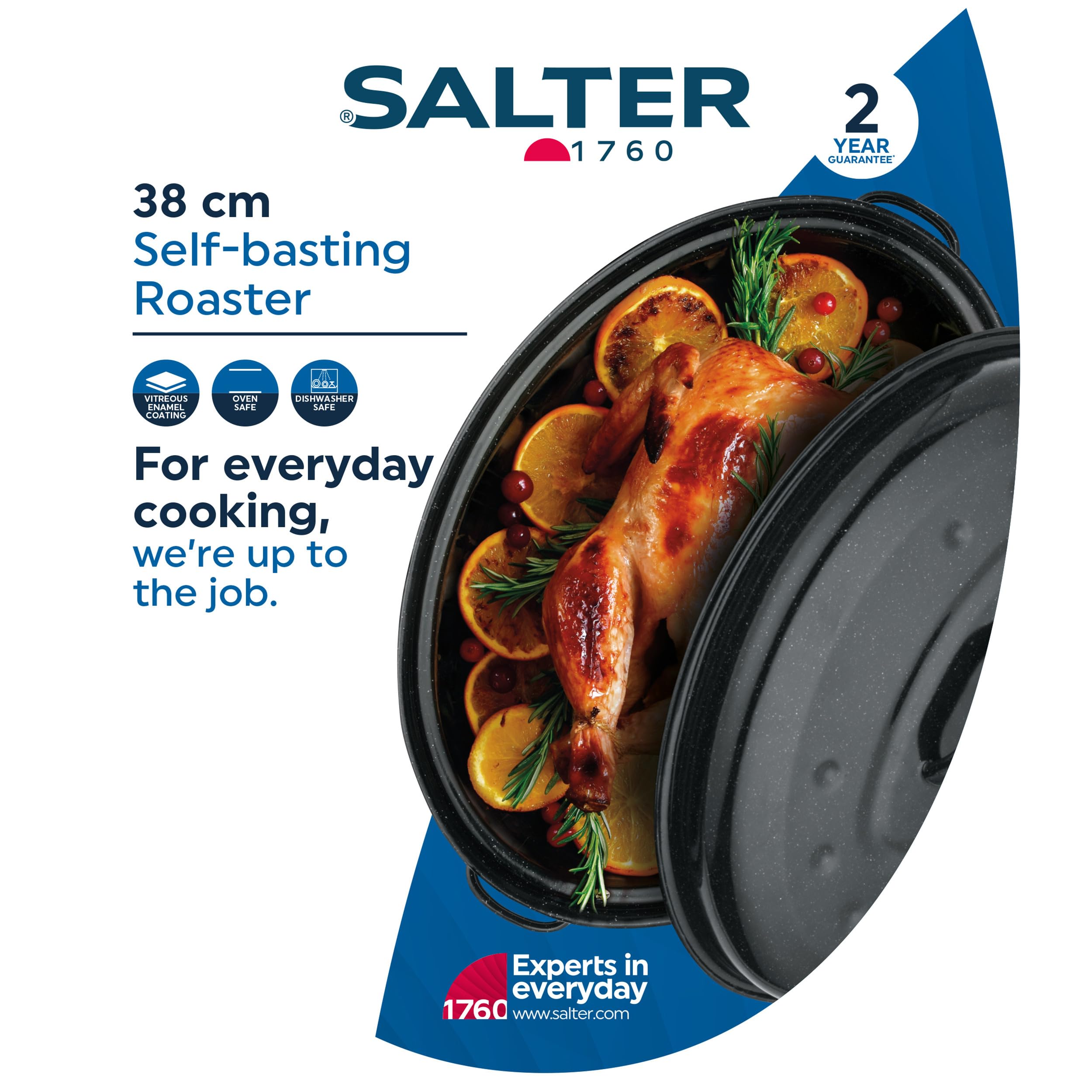 Salter Self-Basting Roaster – Bandeja para asar de acero esmaltado vítreo de 38 cm con tapa, fuente ovalada, revestimiento sin PFAS, apta para lavavajillas, fácil de limpiar