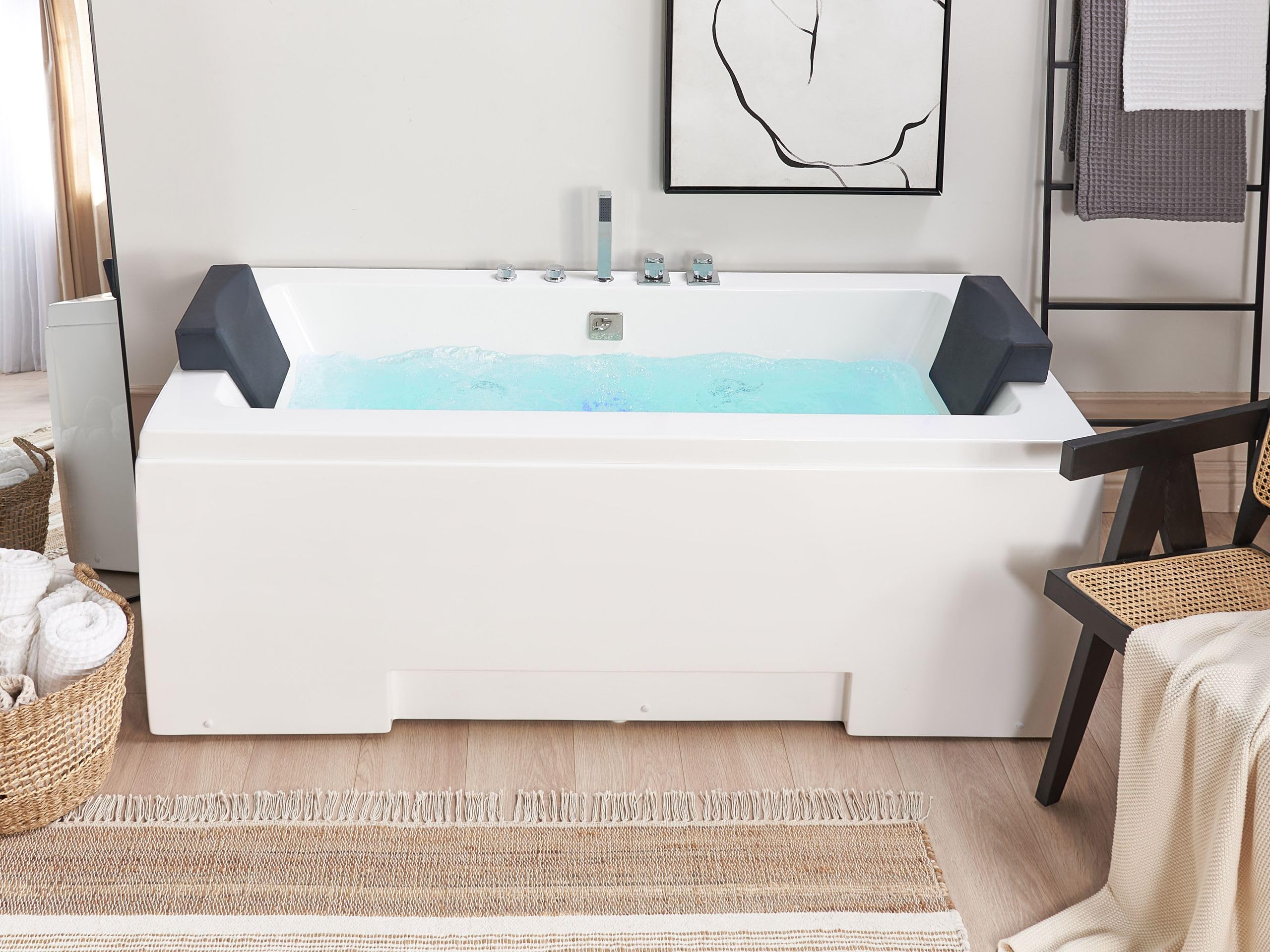 Bañera de hidromasaje de acrílico sanitario blanco y vidrio rectangular doble 157 x 85 cm con reposacabezas diseño moderno Galley