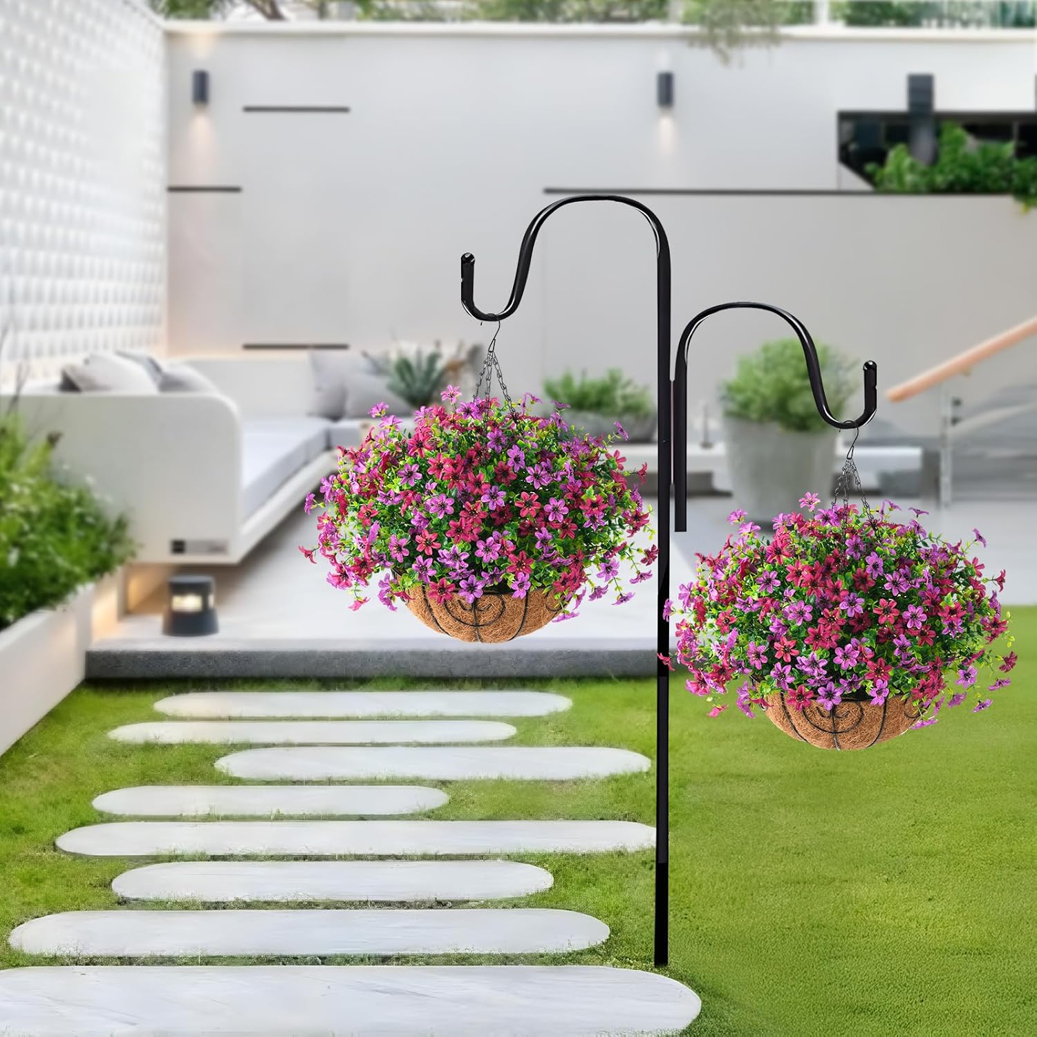 Artificial Flowers Hanging Baskets, 12 Bundles Faux Flowers Outdoor Hanging Basket Spring Summer Decoration, Fake Flower Plants for Porch Patio Balcony Home Yard Decor(Light Purple Red) - Image 3