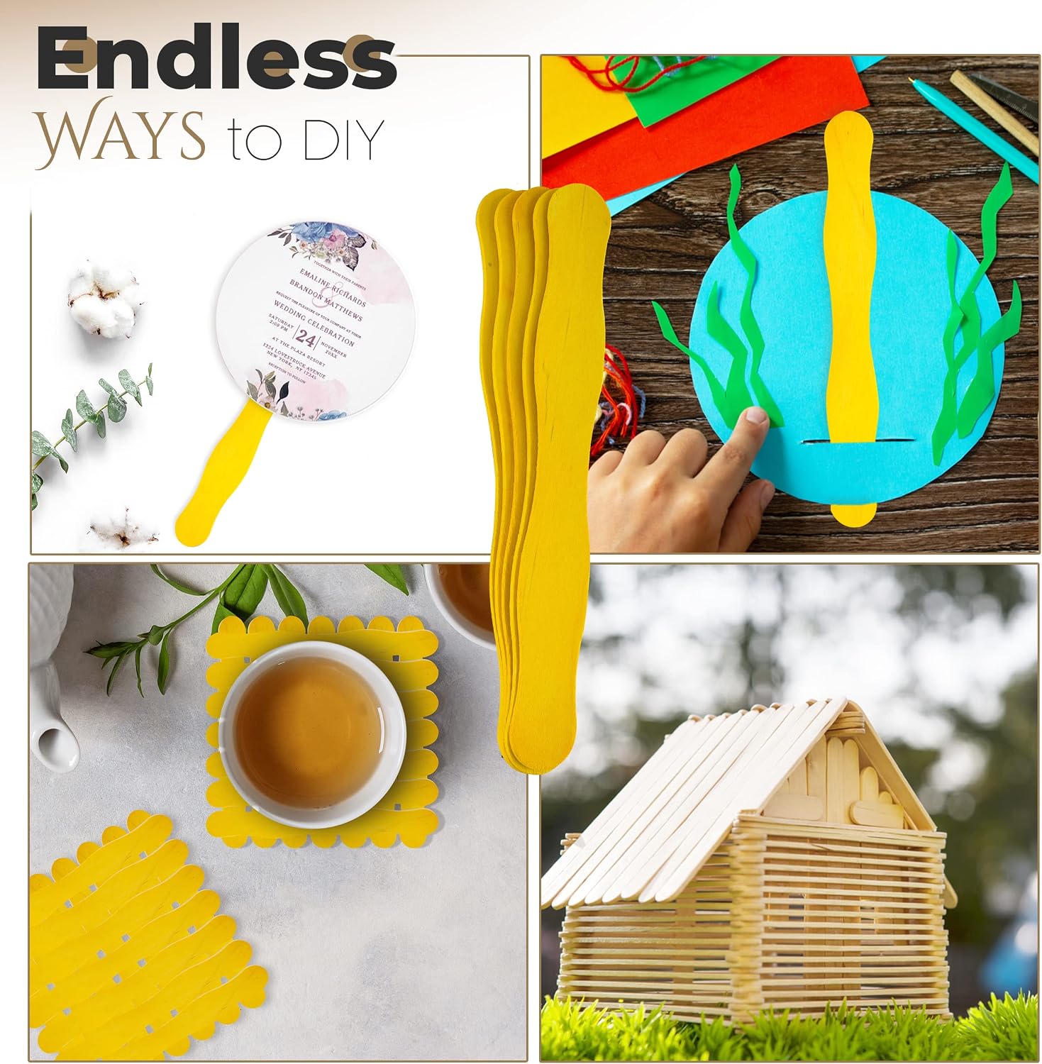 Manaloom Pack of 500 Curved Craft Sticks - 8" Birchwood Popsicle Sticks for Crafts, Jumbo Craft Sticks for Fan Handles, Wedding Programs, DIY Crafting Supplies, (Yellow)