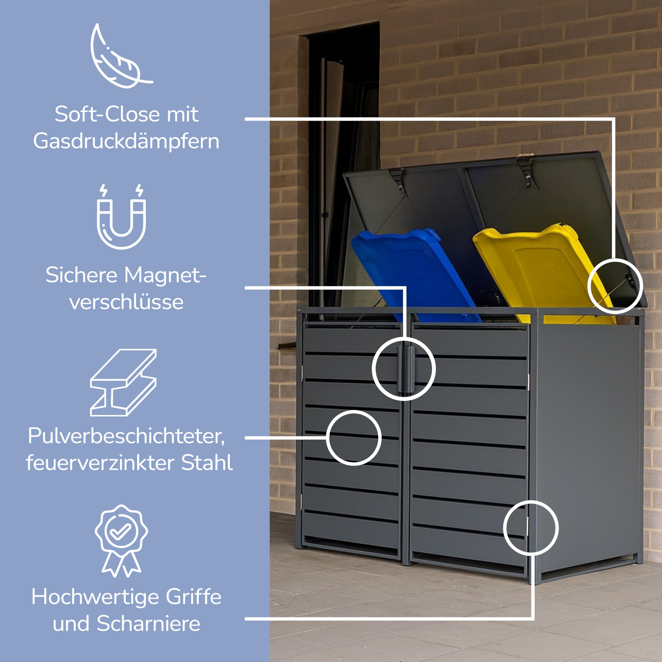 Mülltonnenbox 3er Valto mit Lamellendesign/Klappdach mit Gasdruckdämpfer