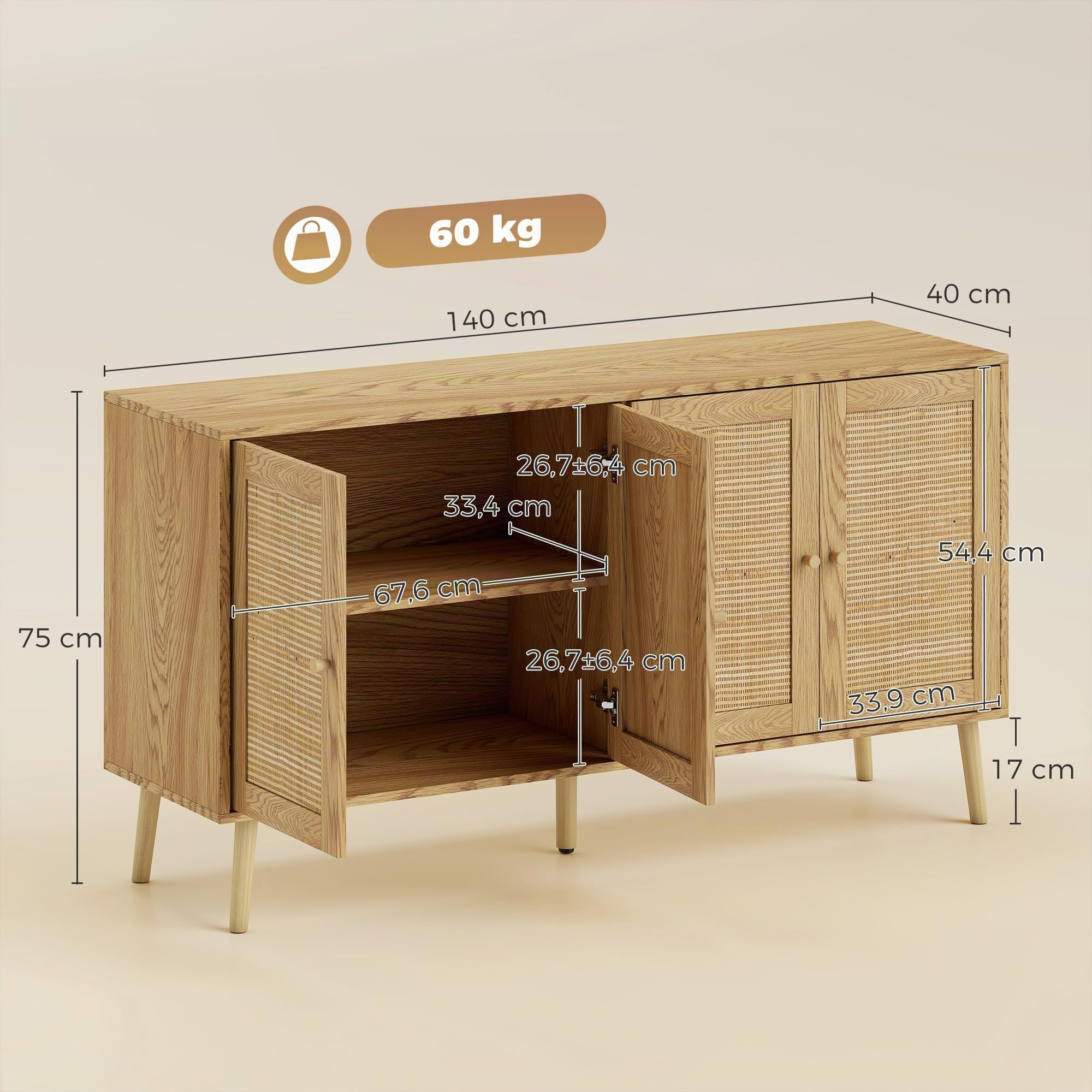 HOMCOM Sideboard Küchenschrank mit 4 Soft-Close-Türen 140x40x75 cm Natur