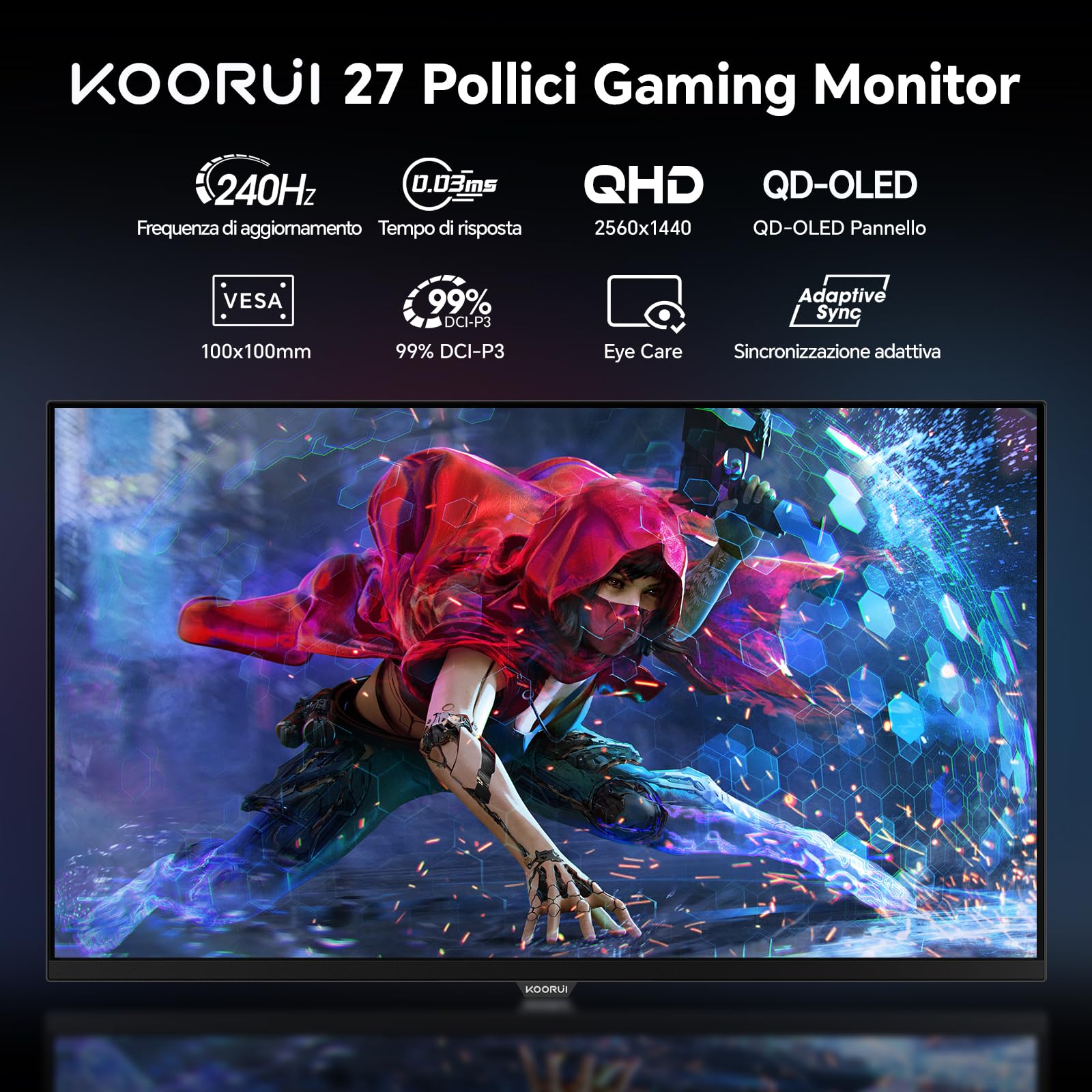 KOORUI S2721XO 27 Pollici Gaming Monitor, QHD 1440p Computer Monitors 2k, QD-OLED, UHD 240Hz, 0.03ms, HDMI(2.0)*2, Sync Adaptive Tecnologia, VESA (75mm*75mm), Eye Care, Inclinazione Regolabile