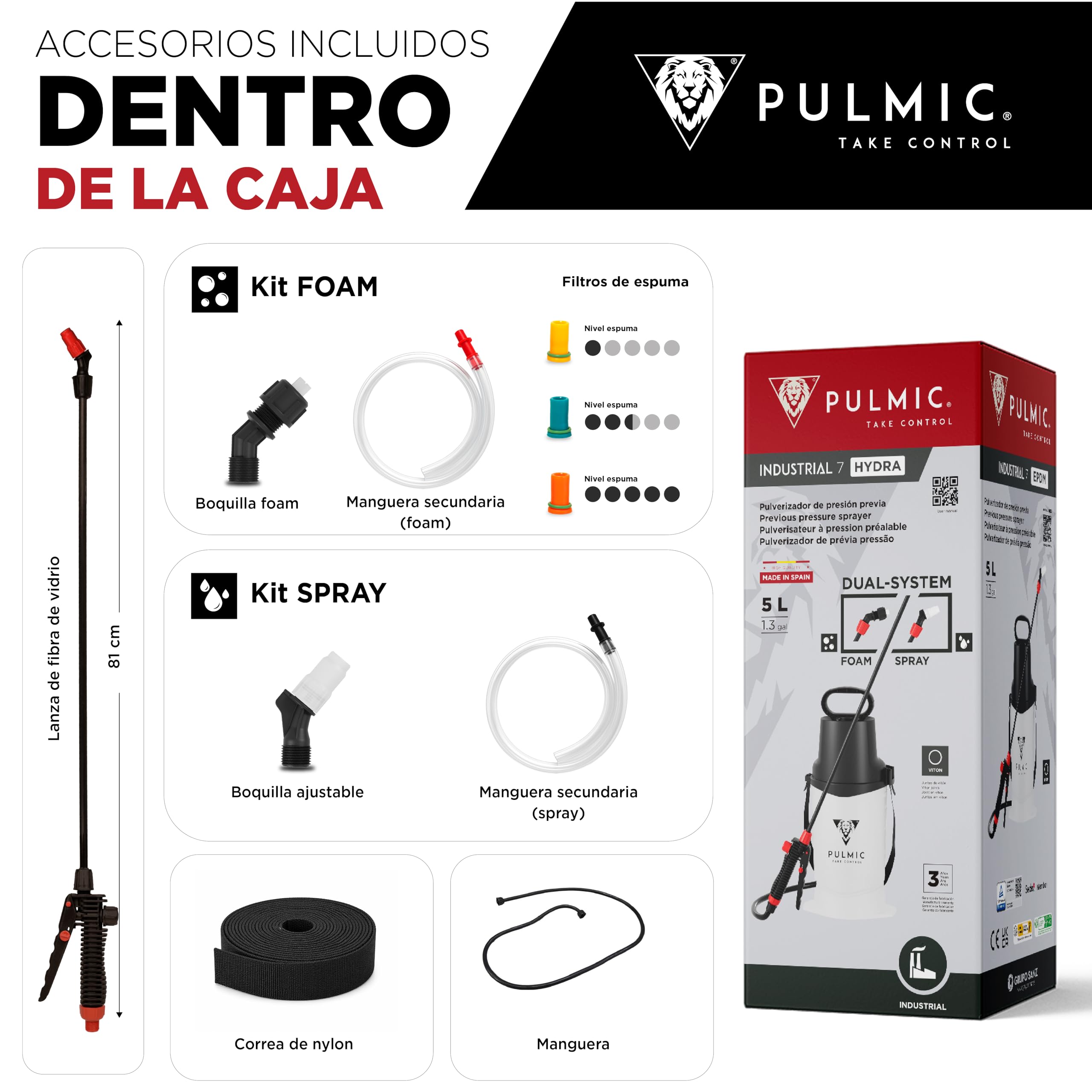 Pulverizador Industrial 5L PULMIC 7 Hydra – Pulverizador de Presión Previa con Espuma y Spray, Boquillas Intercambiables, Lanza Fibra de Vidrio, Uso Profesional Limpieza y Jardinería