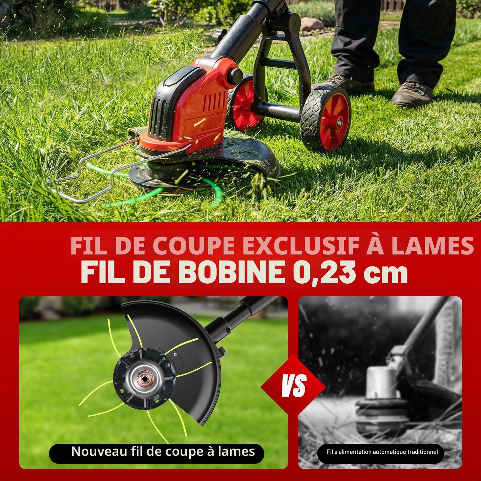 Débroussailleuse à Batterie 12 Pouces avec Roue, 20000 TR/Min, Coupe Bordure sans Fil avec 2 Batterie 3.0Ah, 4 Types De Lames, Moteur sans Balais, Poignée Réglable pour Jardin, Pelouse