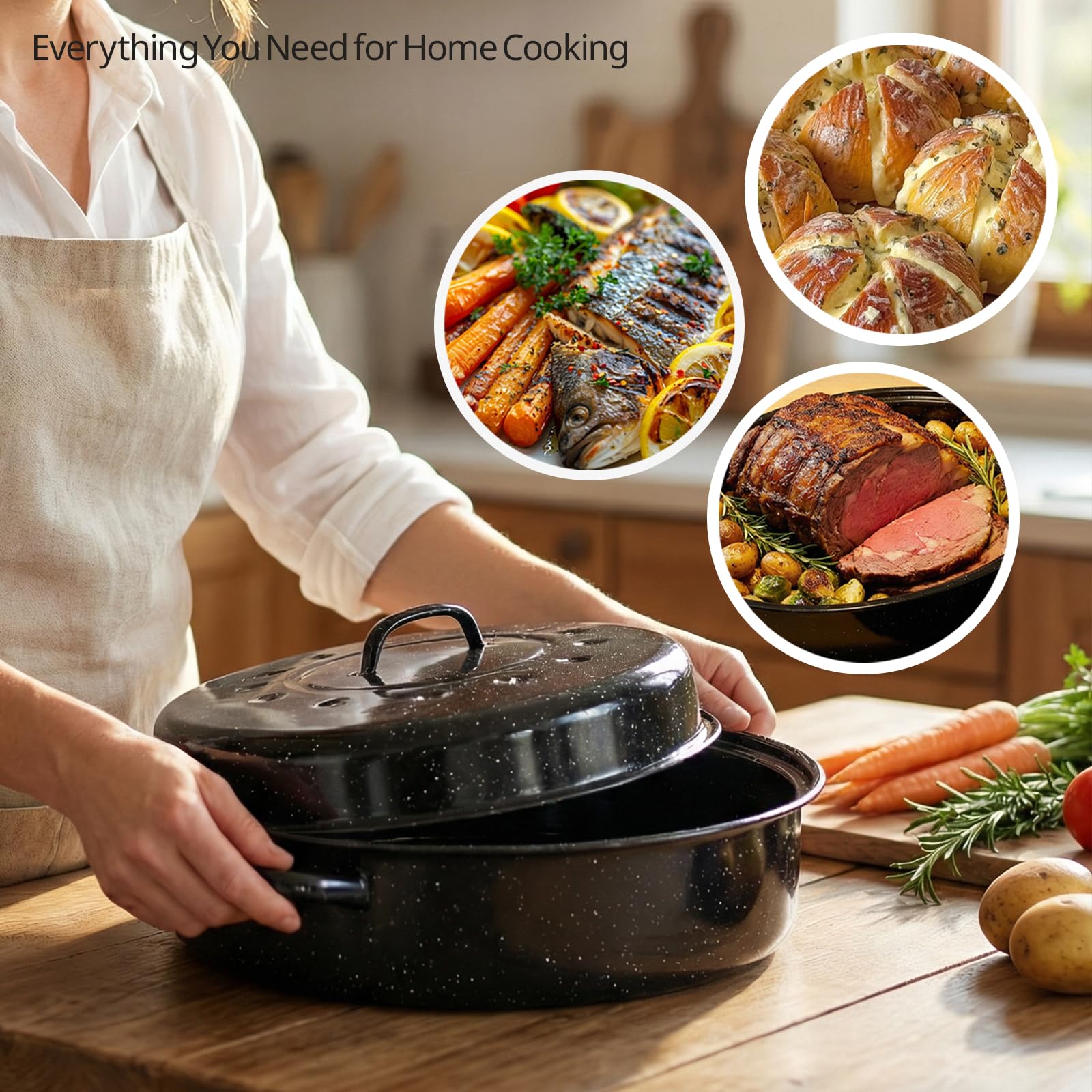 Large Enamel Turkey Roasting Pan with Lid -5