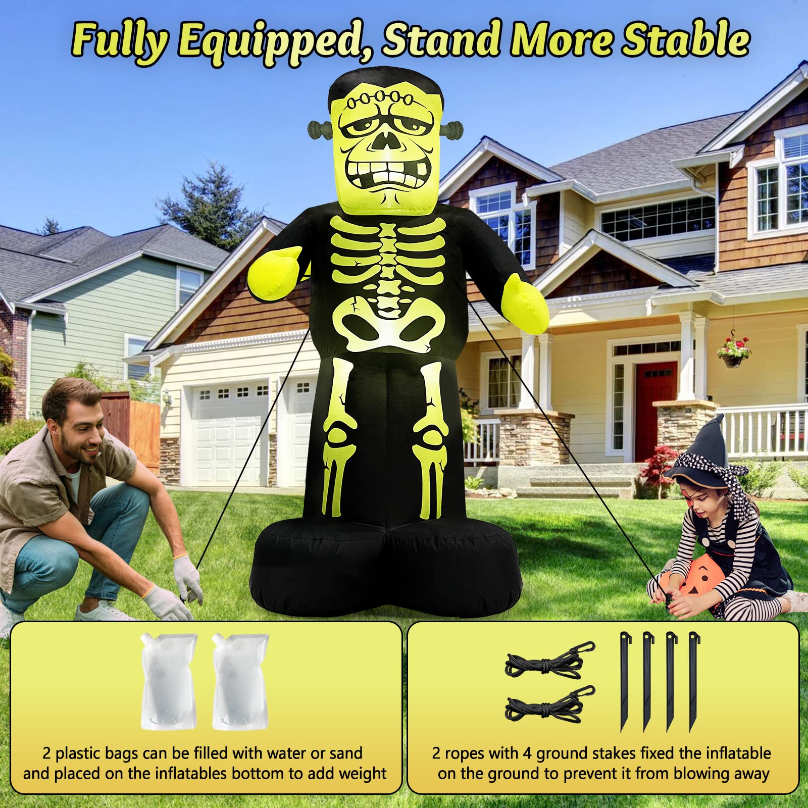 Halloween Inflatables Outdoor Decorations - 7 FT Giant Frankenstein Monster with Skeleton Pattern, Bulit-in LEDs Halloween Blow Up Yard Decorations for Holiday Indoor Party Garden Lawn Décor
