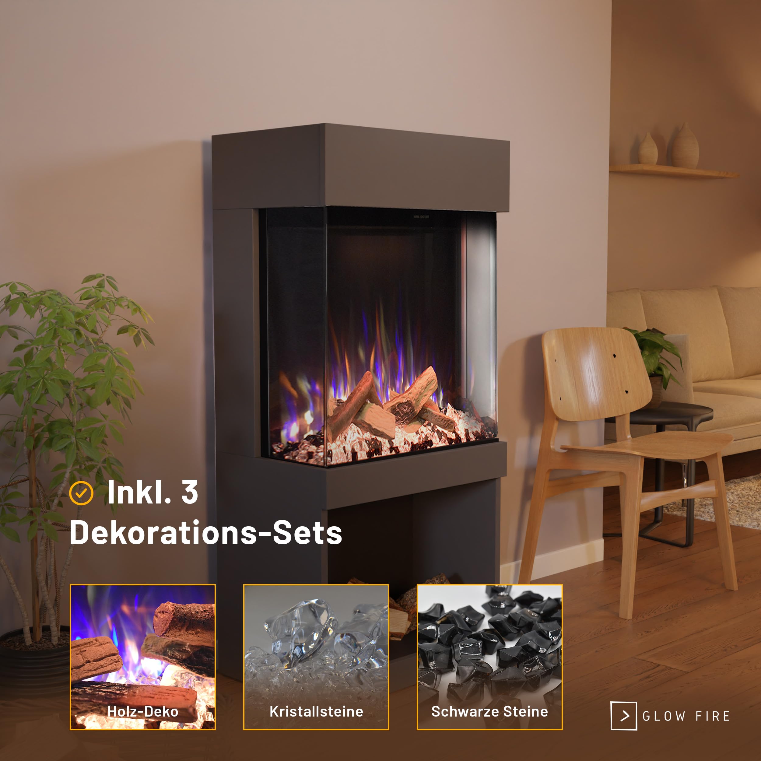 GLOW FIRE Kaminofen PR12 mit realistischem 3D E-Motion LED-Feuer - Stand-Elektrokamin mit Heizung und Kaminfeuer, Knistereffekt & Timer, max. 1500 W, 61,5x130x40cm, Grau