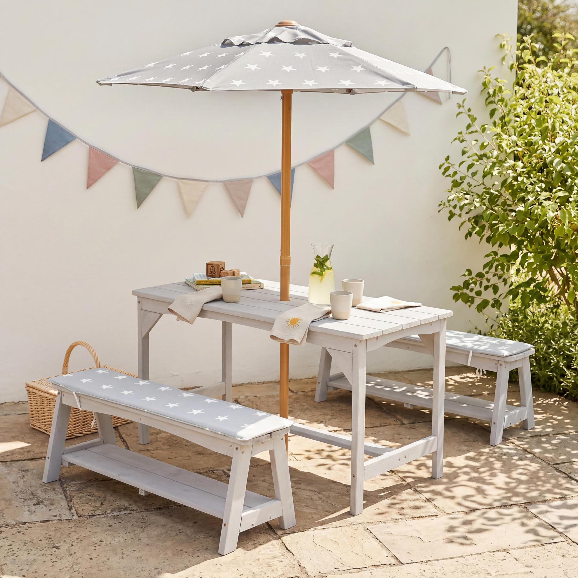 roba Set di Sedute per Bambini Picnic con Tavolo, 2 Panche, Ombrellone e Cuscini – Legno Grigio