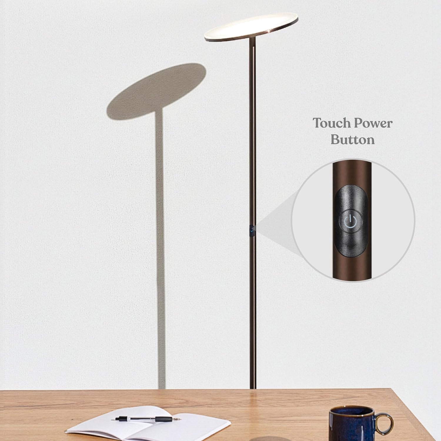 Brightech Sky Flux Dimmable LED Floor Lamp – Super Bright Floor Lamp with 3 Light Modes for Living Room, Office – Torchiere Standing Touch-Lamp, Tall Torch Lamp for Bedroom & Reading - Bronze
