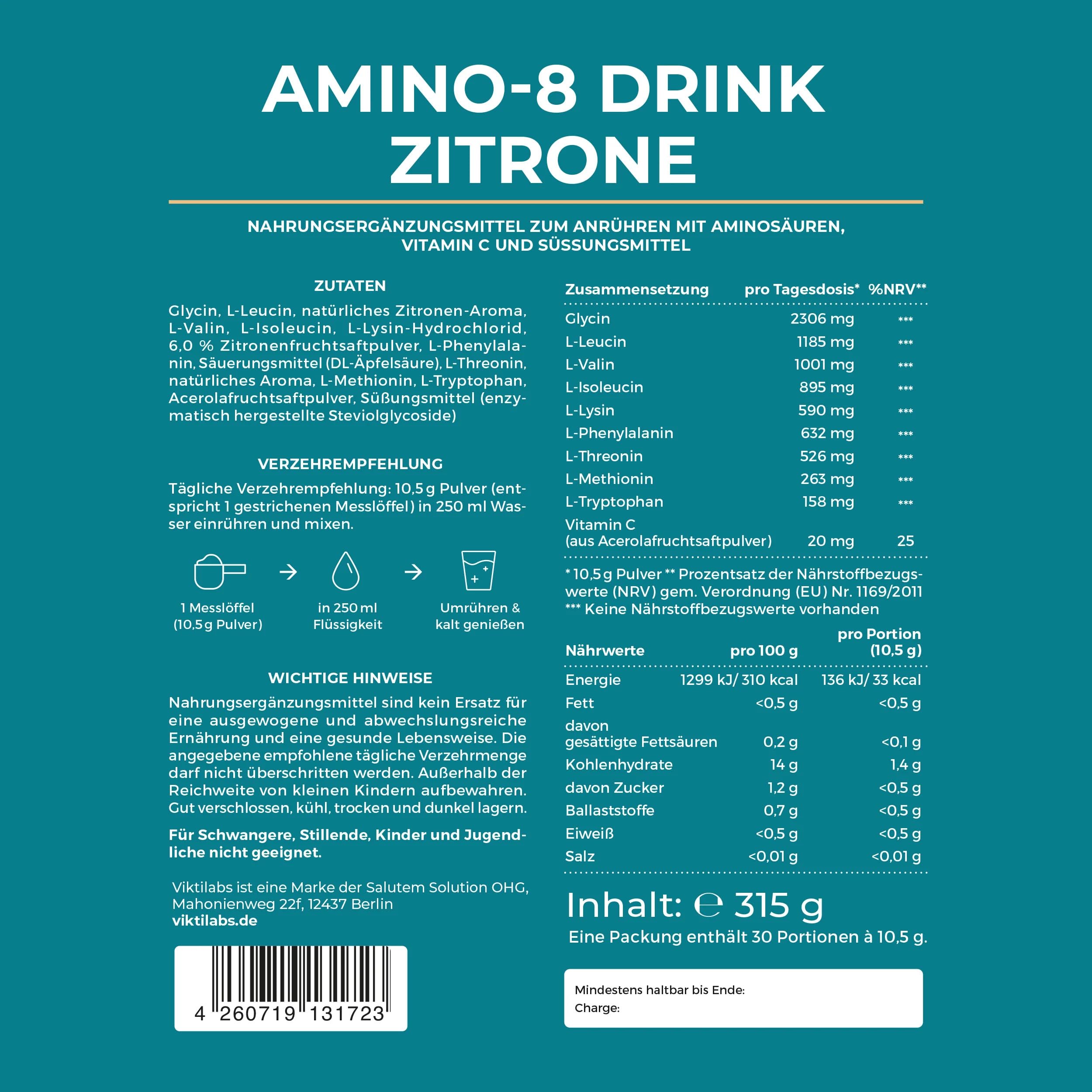 Amino 8 Drink Zitrone - 99% Bioverfügbarkeit - 8 kristalline Aminosäuren