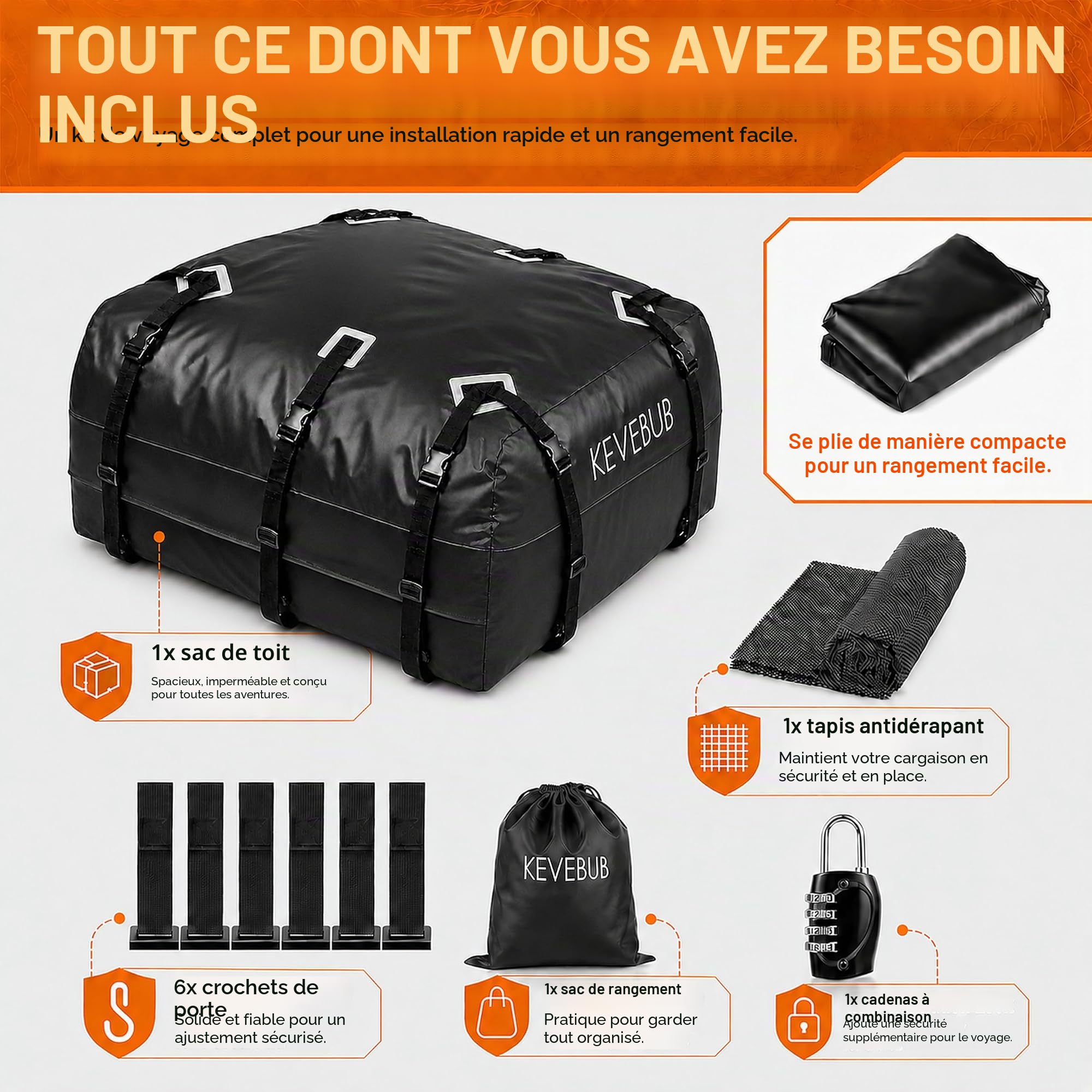 Coffre de Toit Souple - 600L (21 Cu Ft) 100% Étanche - Sac de Toit Voiture Pliable pour Tout Véhicule Avec/Sans Barres - Inclut Tapis Antidérapant, 6 Crochets & Cadenas de Sécurité
