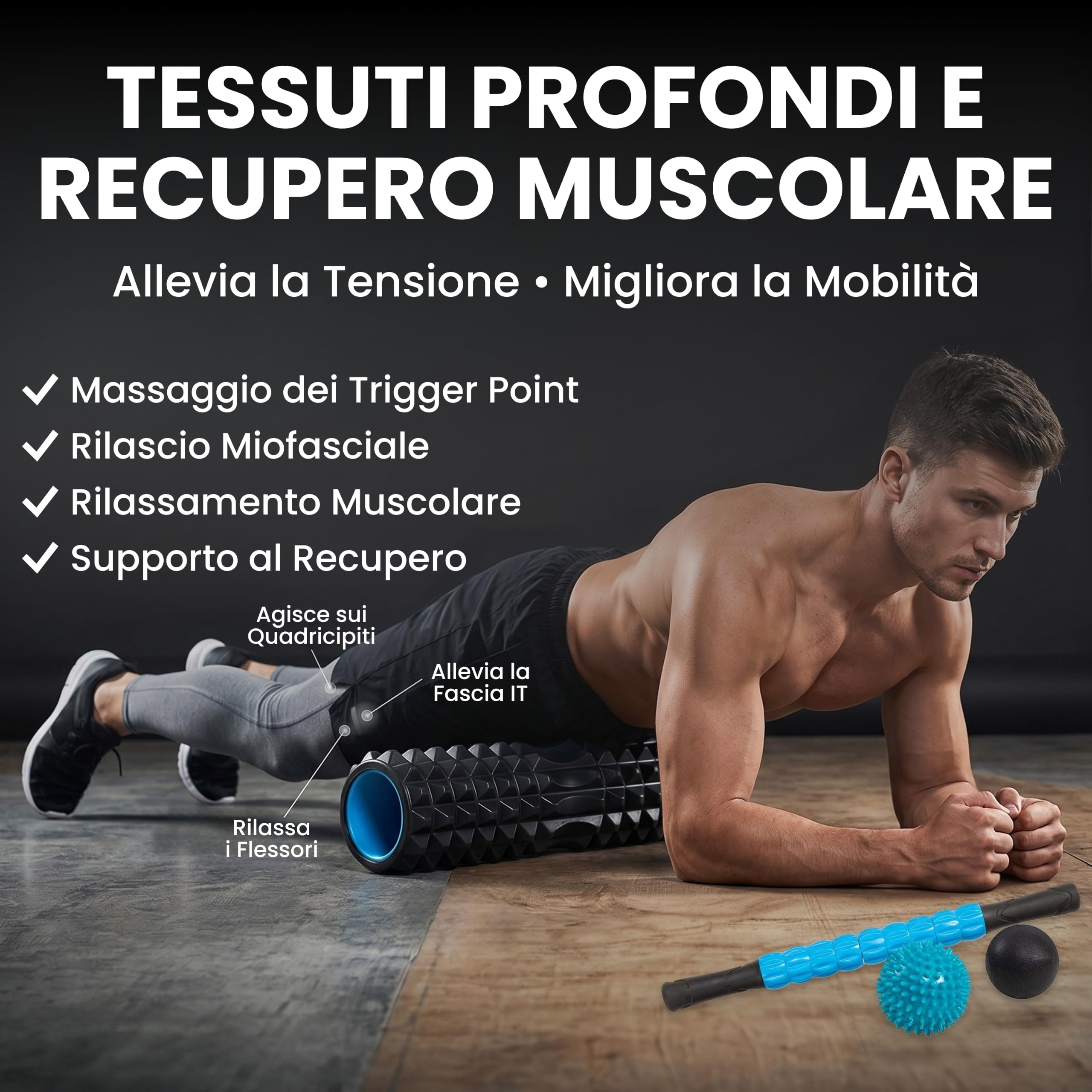 Fitem Set Rullo Massaggio Muscolare Foam Roller 4in1 Nero