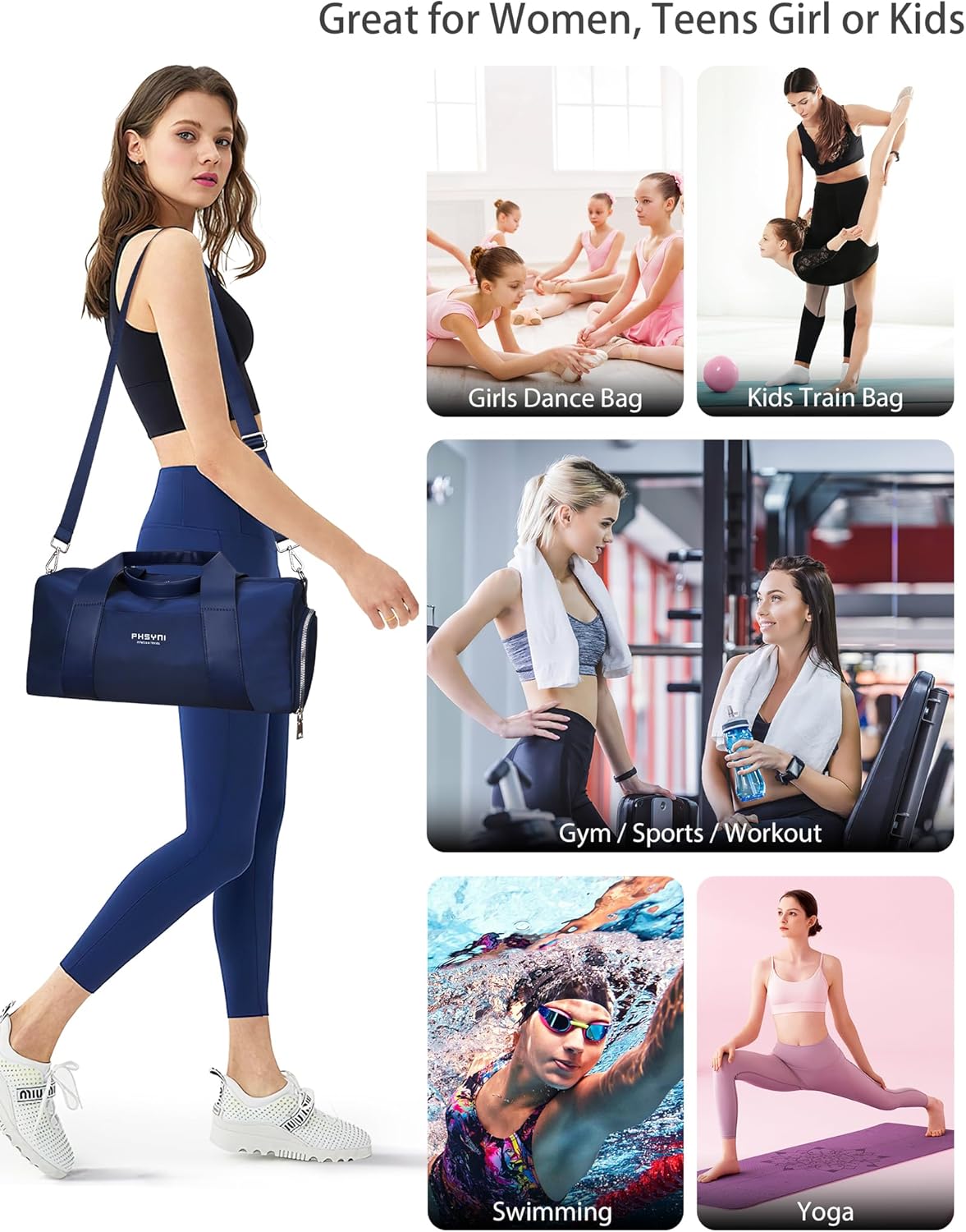 Sports Small Gym Bag for Women and Man, Cute Mini Duffle Bag with Wet Pocket & Shoes Compartment, Personal Item Travel Workout Bag, 16"-Small, Navy