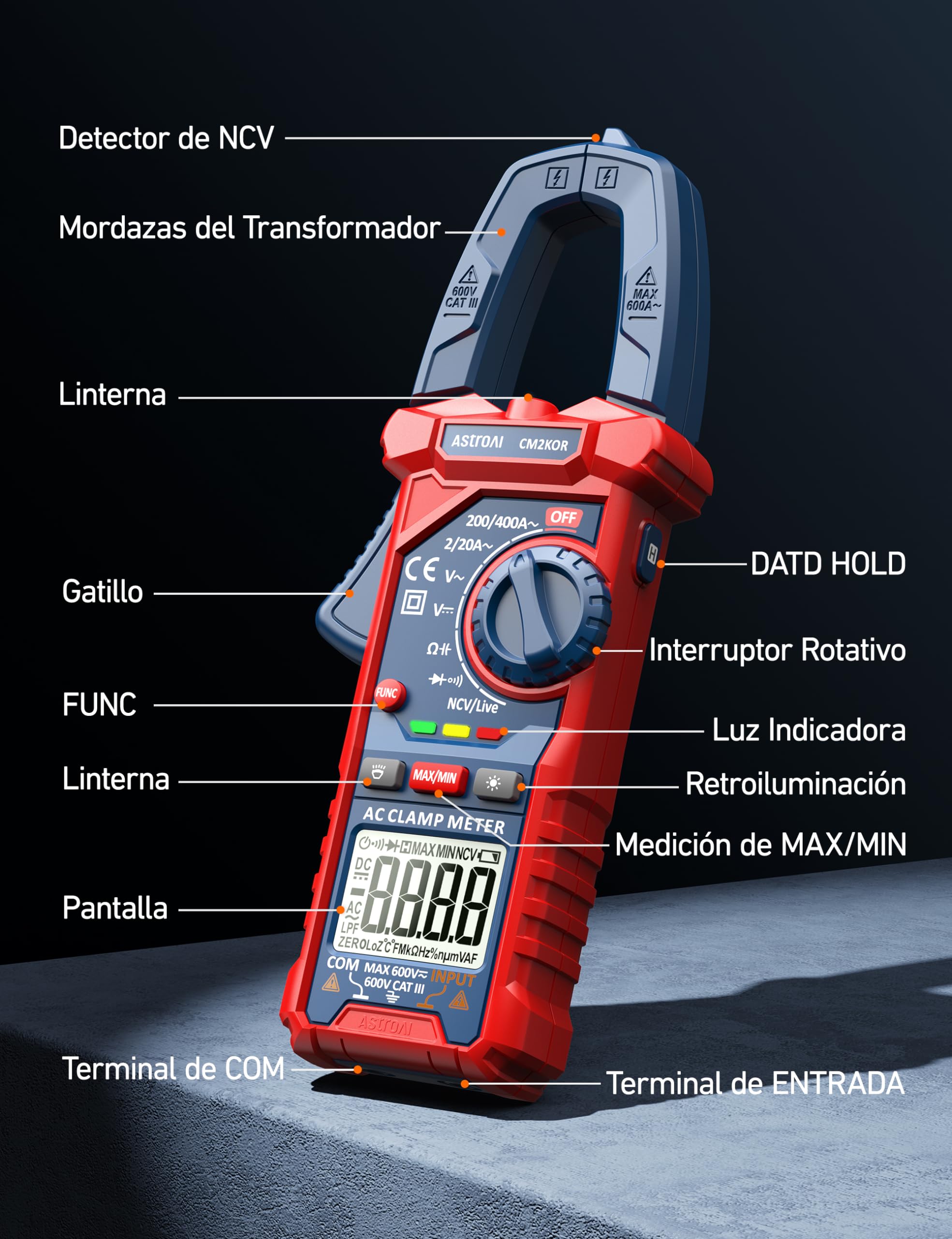 AstroAI Pinza Ampérimetrica, Multímetro Digital Profesional, Polímetro, Voltímetro, Tester para Corriente CA, Voltaje CA/CC, Resistencia, Frecuencia, Capacitancia, Continuidad, Diodos de Prueba — view 6