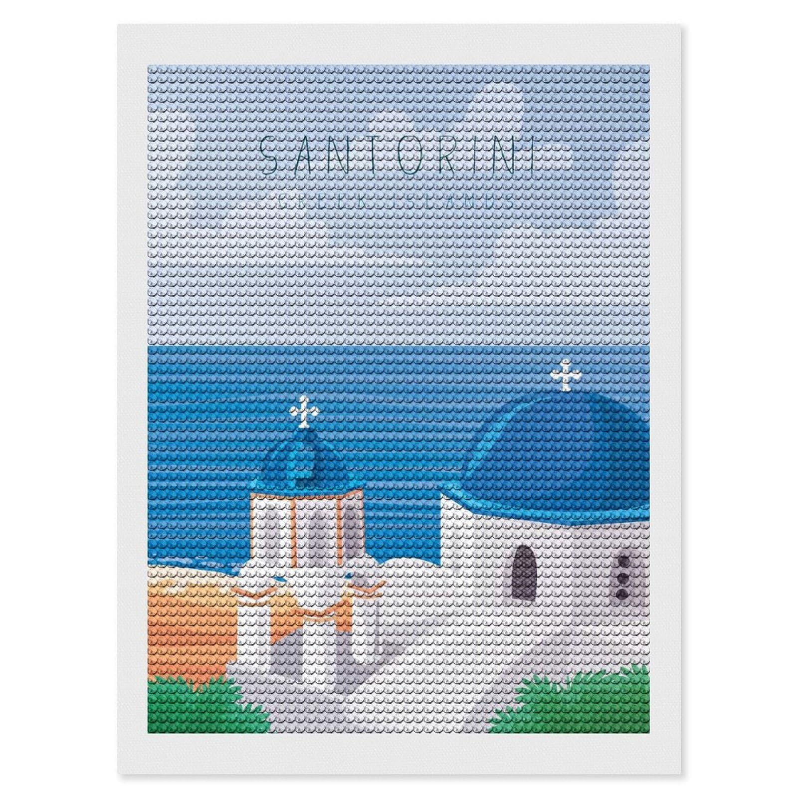 Junmoney Santorini Greece(3) Diamond Art Canvas 12"x16", for Creative Relaxation, Simple to Start, Aesthetic Room Decor, Holiday Gift Idea
