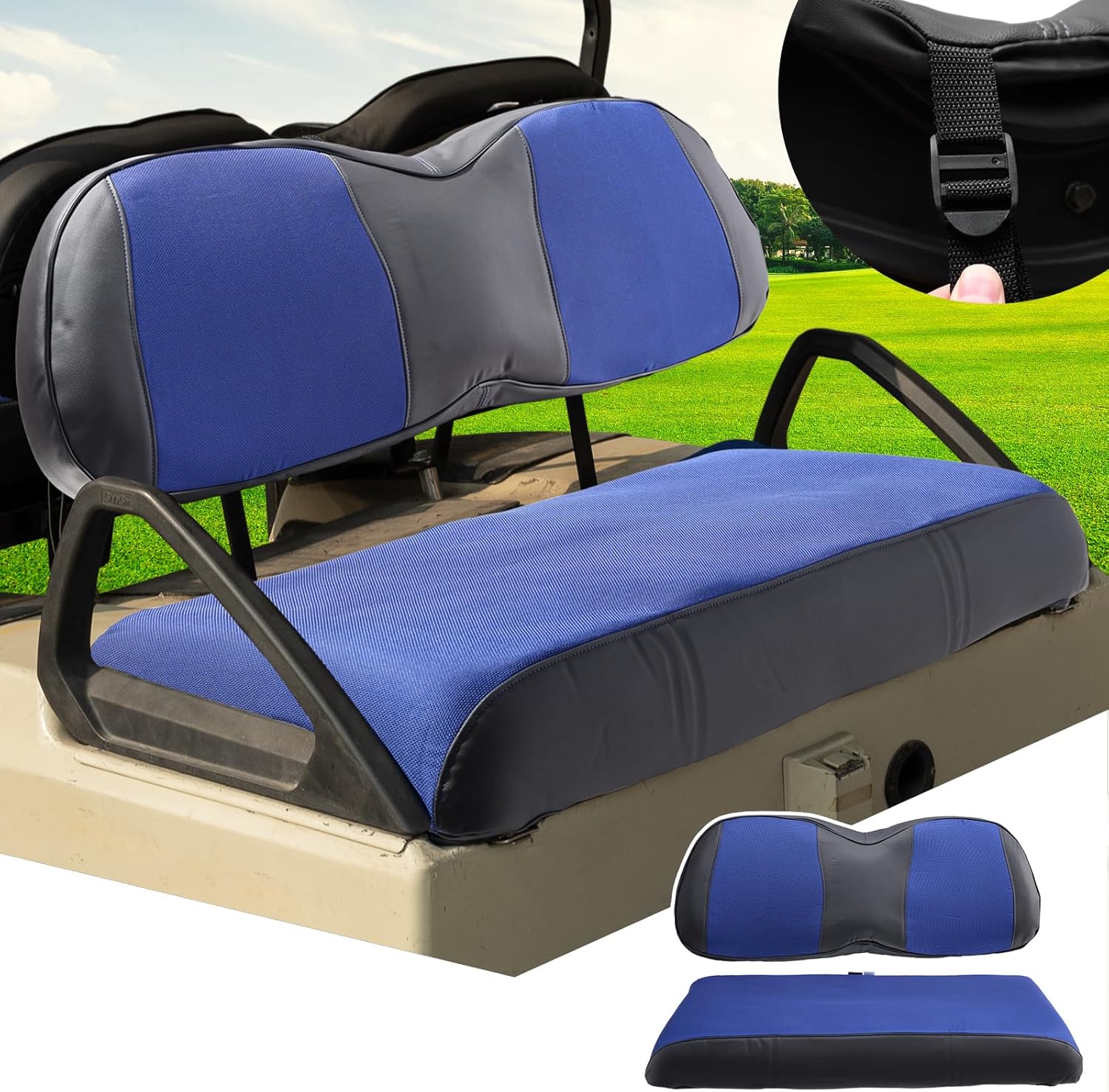 CHENGWEI Golf Cart Seat Covers for Club Car DS Front OEM Ordinary Seat,Breathable Polyester Mesh Fiber Cloth and Artificial Leather,Cushion Cover and Backrest Covers Adjustable Buckles(Blue&Black)