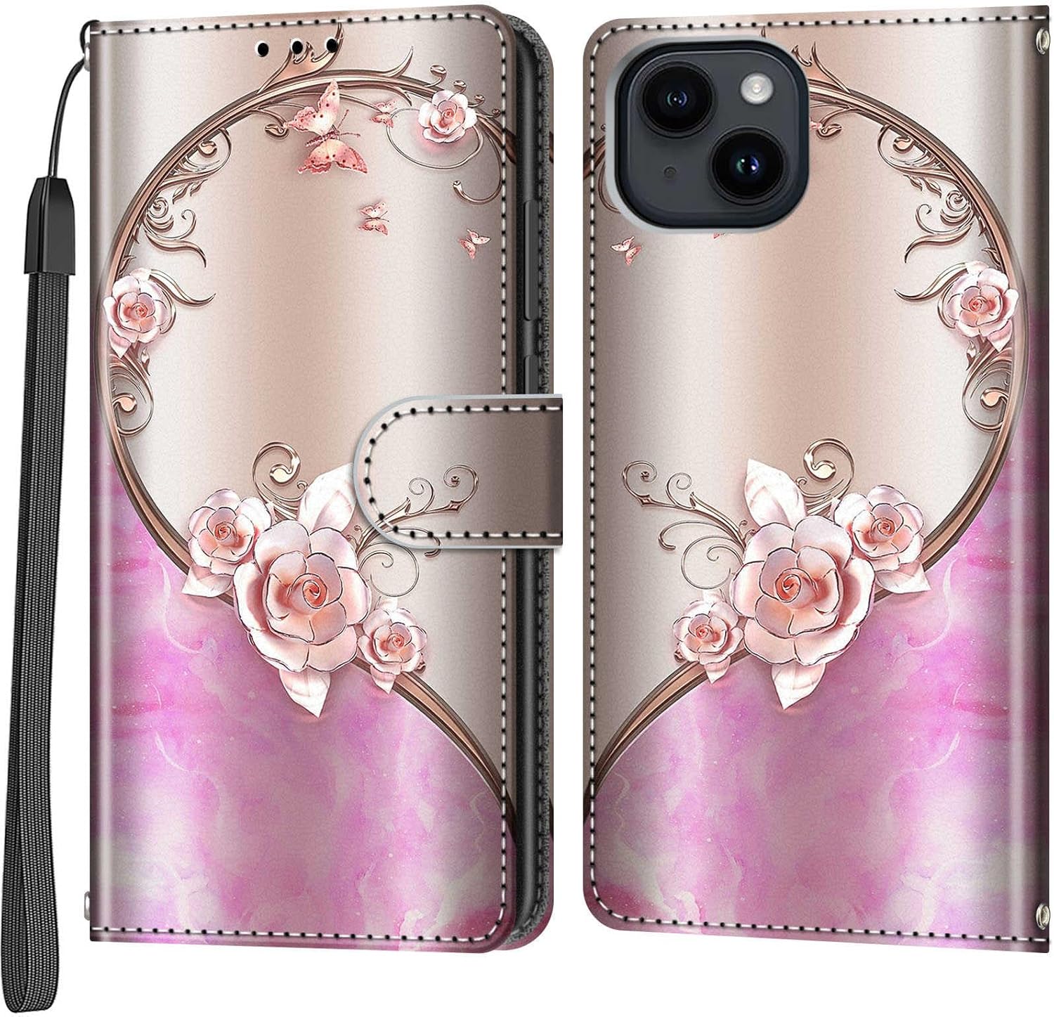 Case Wallet for iPhone 15, with [3 Card Slots], Kickstand Magnetic Closure PU Leather Shockproof Protective Flip Cover 6.1", Pink Rose - Image 3