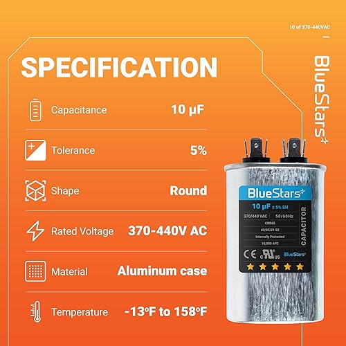 Vista 45 de BlueStars 2 paquetes 35+5 uF 35/5 MFD 370/440VAC condensador redondo de doble funcionamiento, para arranque del motor del ventilador de unidad de CA