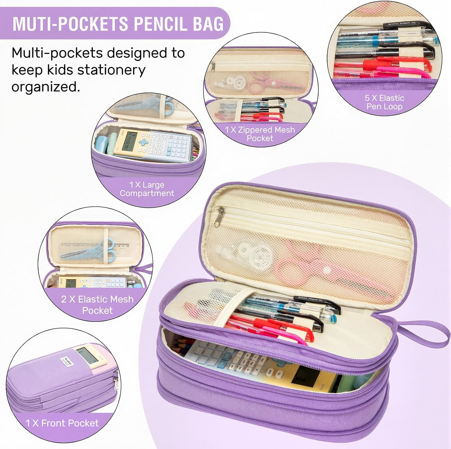 Cute Pencil Case for Girls,Large Purple School Pencil Pouch with Foldable Zipper Compartment&Multi-Pockets,Big Capacity Kids Stationery Bag Aesthetic Pen Box For School Office