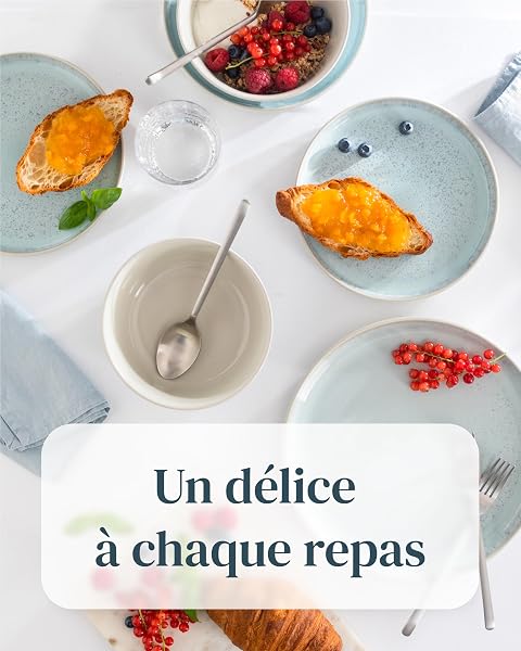 Assiettes Service de Table: Ensemble de 6 Grandes Assiettes en grès Ibiza - élégantes, compatibles Lave-Vaisselle et Micro-Ondes - Service Vaisselle 6 Personnes, Pure Living Beige-Bleu - 4