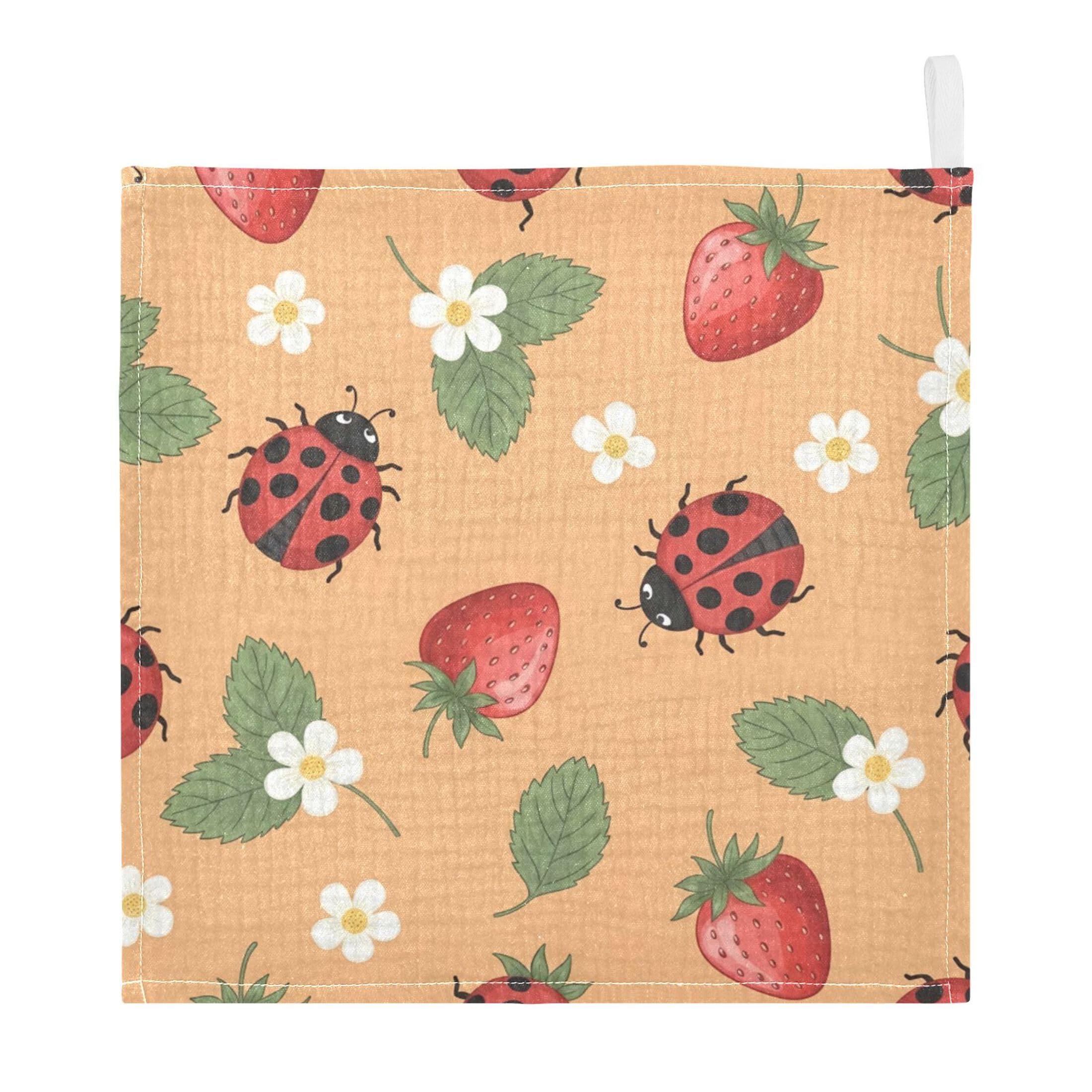 Fuauuyl Ladybugs Strawberry Baby Muslin Washcloths Cotton Absorbent Soft Burp Cloths for Newborns Infants Toddlers, Reusable Face Towels for Sensitive Skin, 3 Pack, 12x12 in