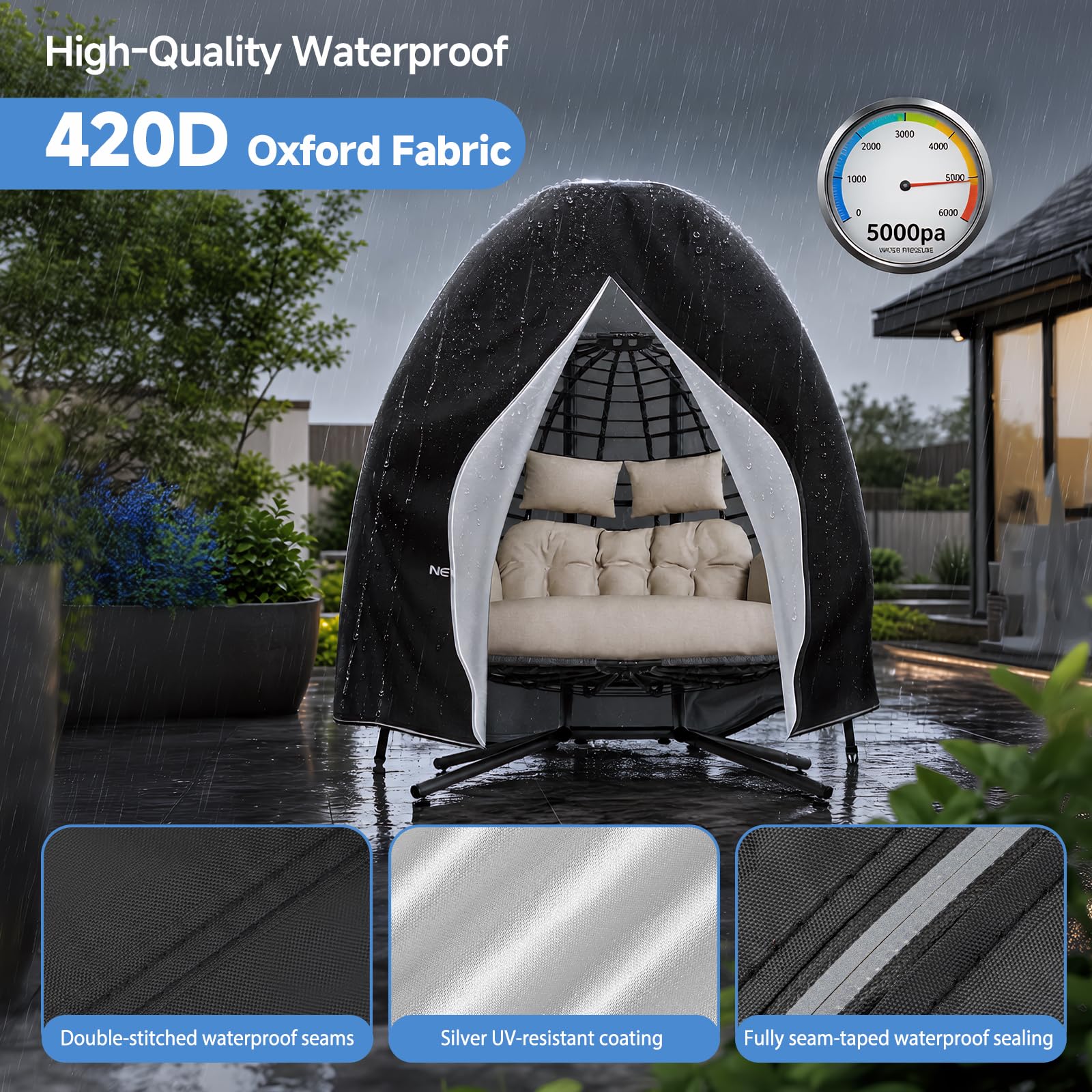 NEVERLAND Housse de Chaise Suspendue, 200 * 230CM 420D Oxford Housse de Chaise d'oeufs, Imperméable Bache de Protection pour Chaise de Jadin Extérieur Anti-UV avec Fermeture éclair