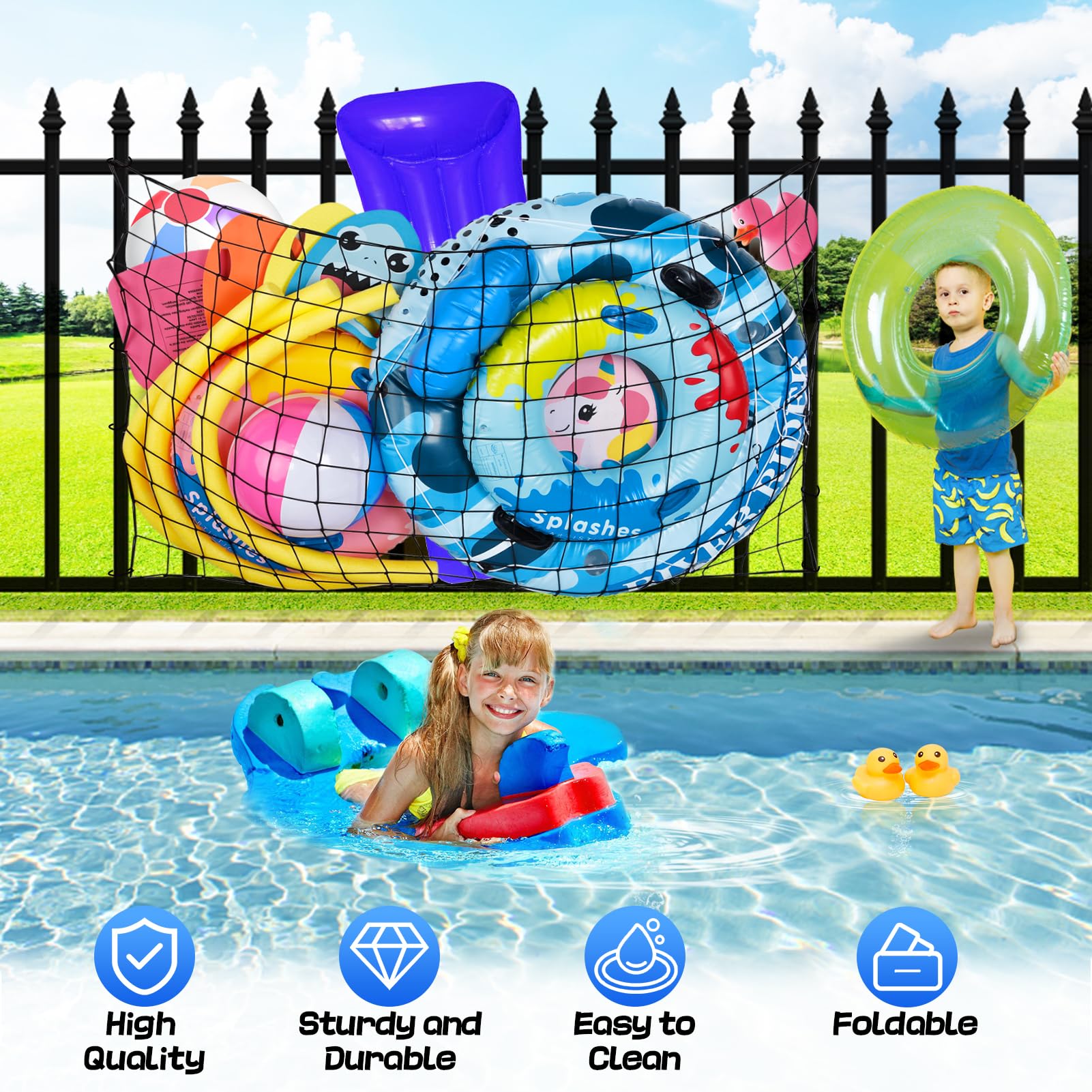 Filet De Rangement Extra Large Jouets Piscine 180 X 120 Cm - Maille Élastique Robuste Avec 20 Crochets, Organisateur Flotteurs & Jouets