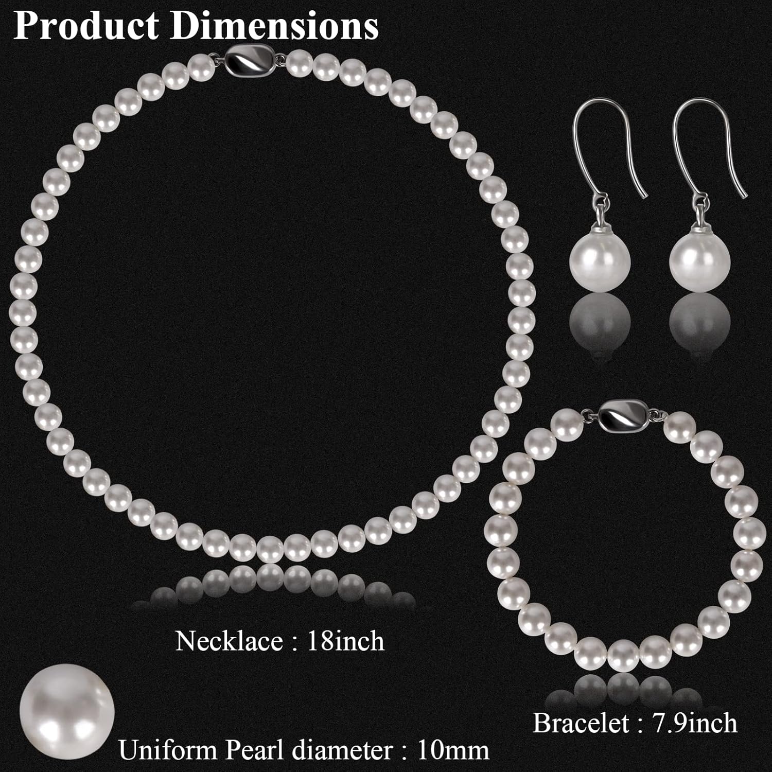 Vijiv Sterling Silver White Simulated Shell Pearl Necklace and Earring Set for Women Pearl Bracelets, 8MM Dainty Simple Pearl Necklace for Wedding Jewelry Sets