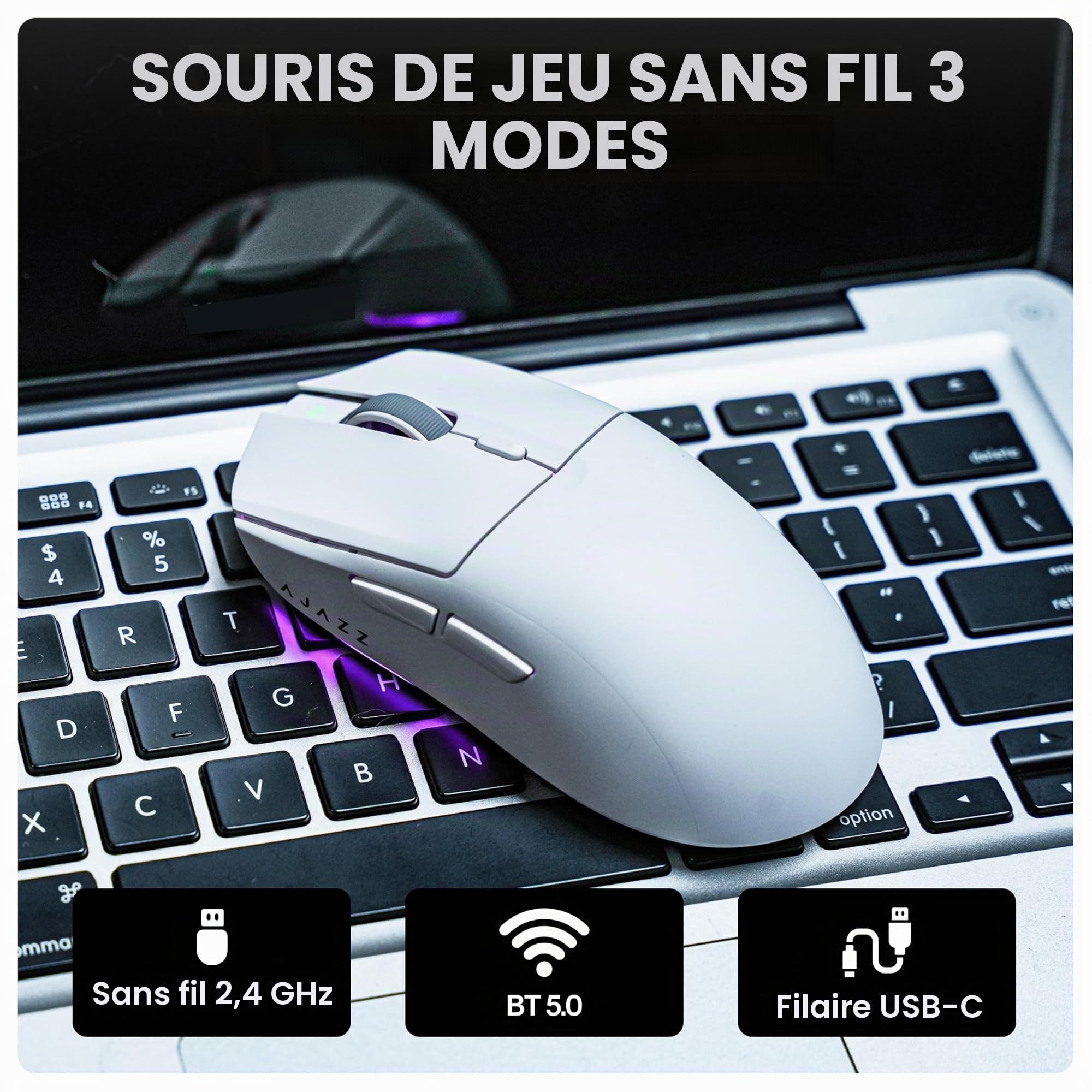 MechLands AJAZZ AJ139 V2 MC Souris de jeu avec base de charge, réglable 12 000 ppp, capteur PAW3311, souris sans fil 3 modes, batterie 500 mAh, taux d'interrogation de 1000, 66 g, légère, Win/Mac