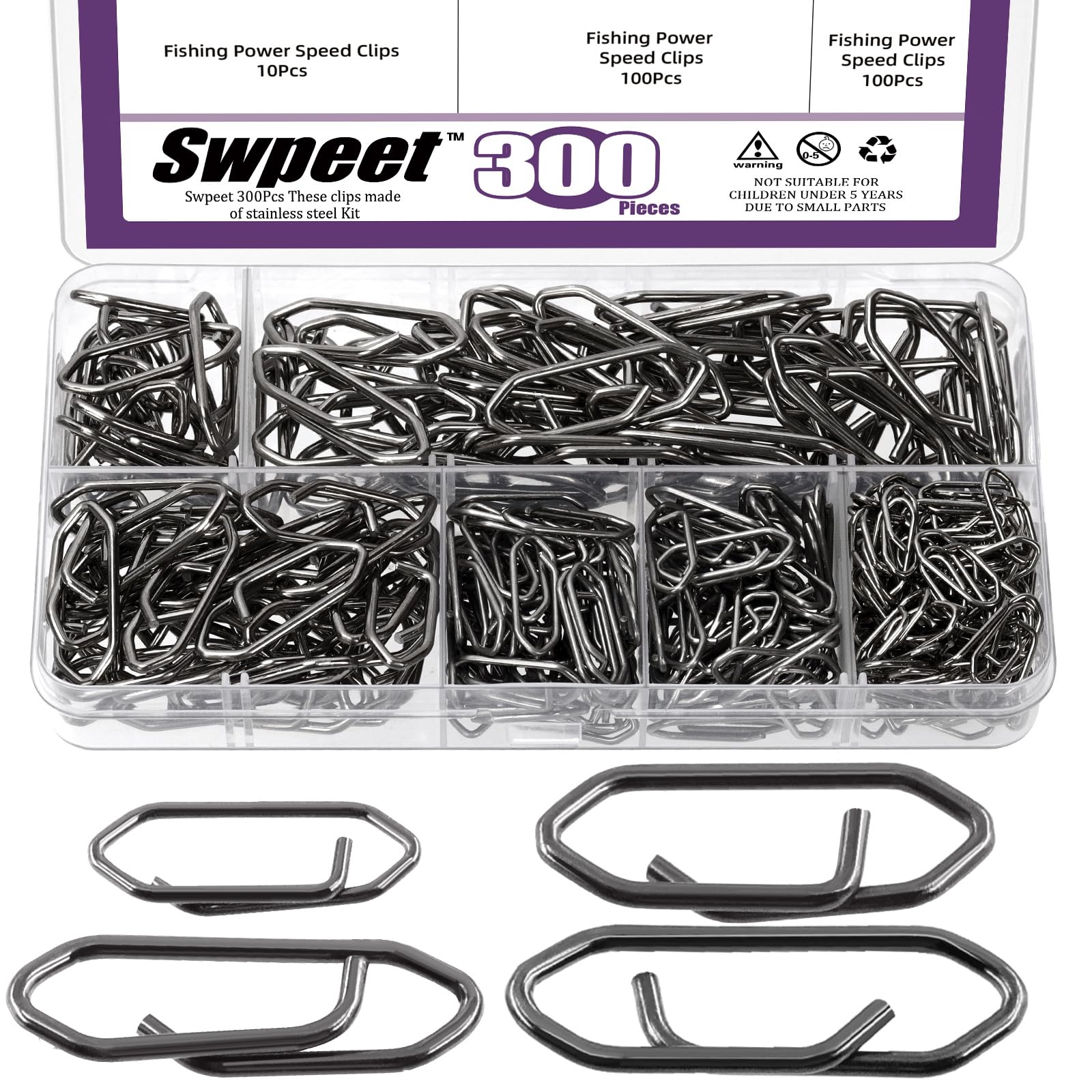 Swpeet 300Pcs 4 Sizes Black Stainless Steel Fishing Power Speed Clips Kit, High Strength Fishing Clip Lure, Fast Link Snap Connector, Saltwater Lure Connector Tackle for Quick Change